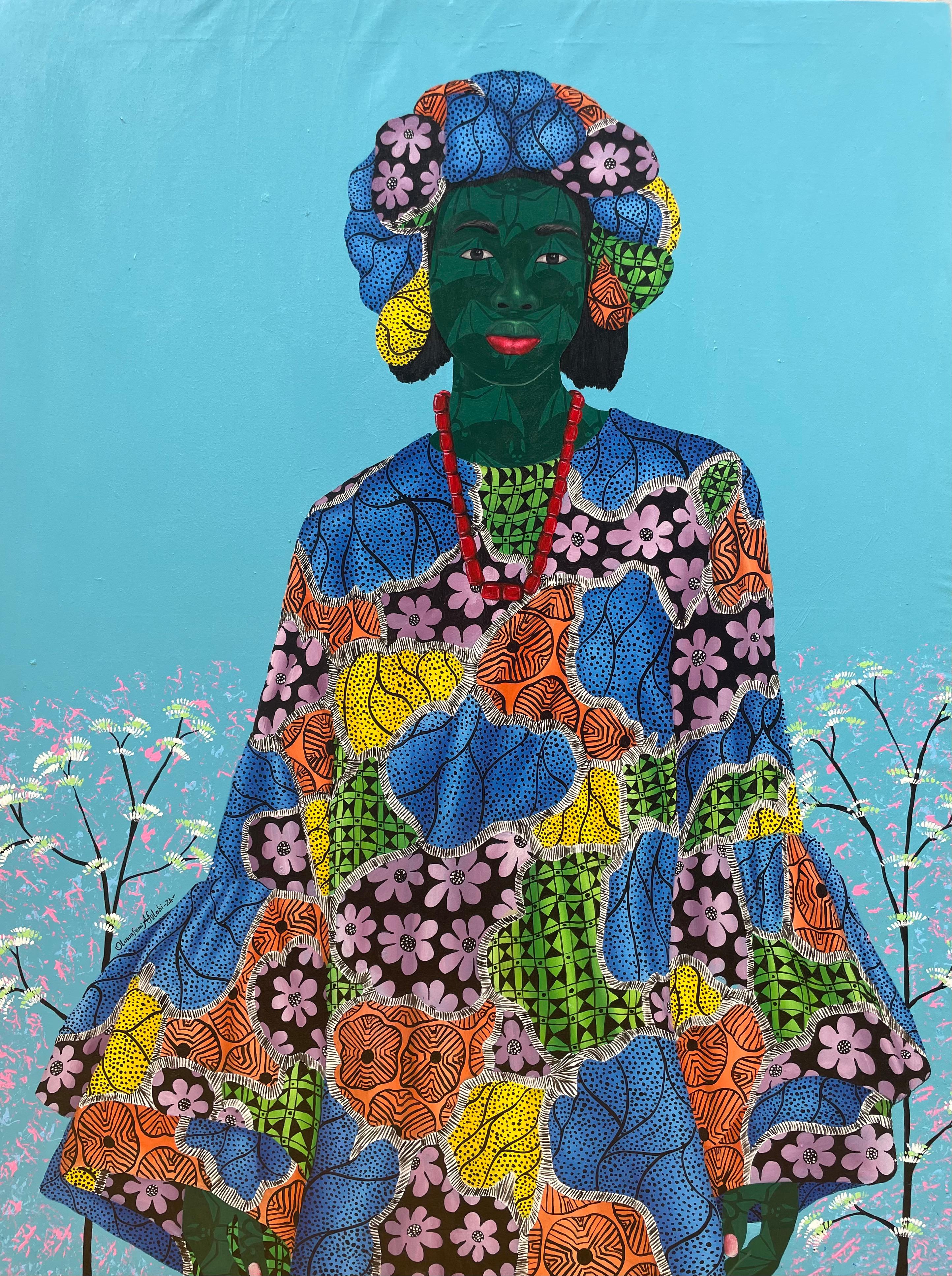 Portrait Painting di Oluwafemi Afolabi - Inner Nature 3 - 21° secolo, Contemporaneo, Figurativo, Donne su tessuto africano