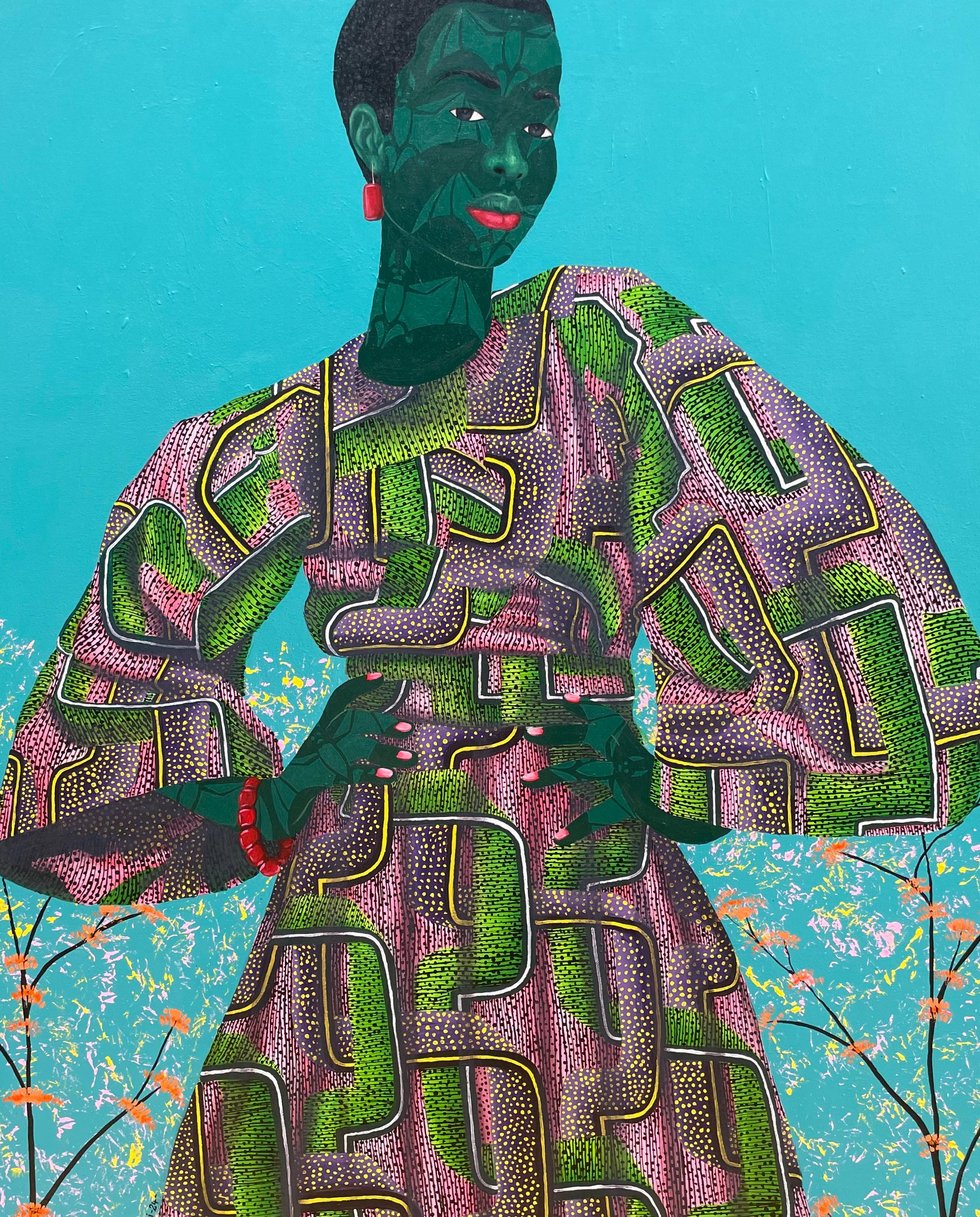 Inner Nature 4 - 21° secolo, Contemporaneo, Figurativo, Donne su tessuto africano - Portrait Painting Blu di Oluwafemi Afolabi