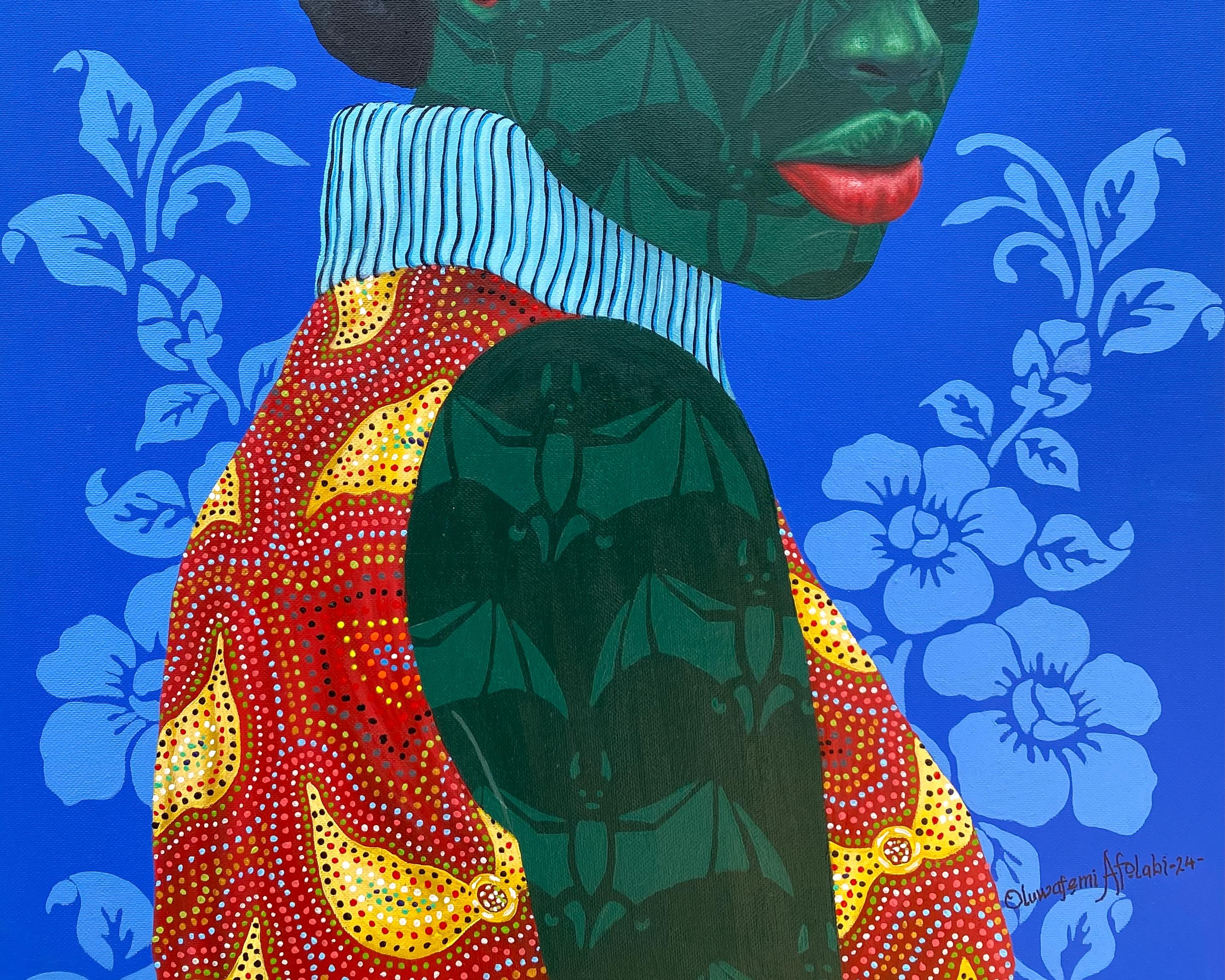 Insight 4 - 21st Century, Contemporary, Figurative, Women, African Fabric - Blue Portrait Painting by Oluwafemi Afolabi