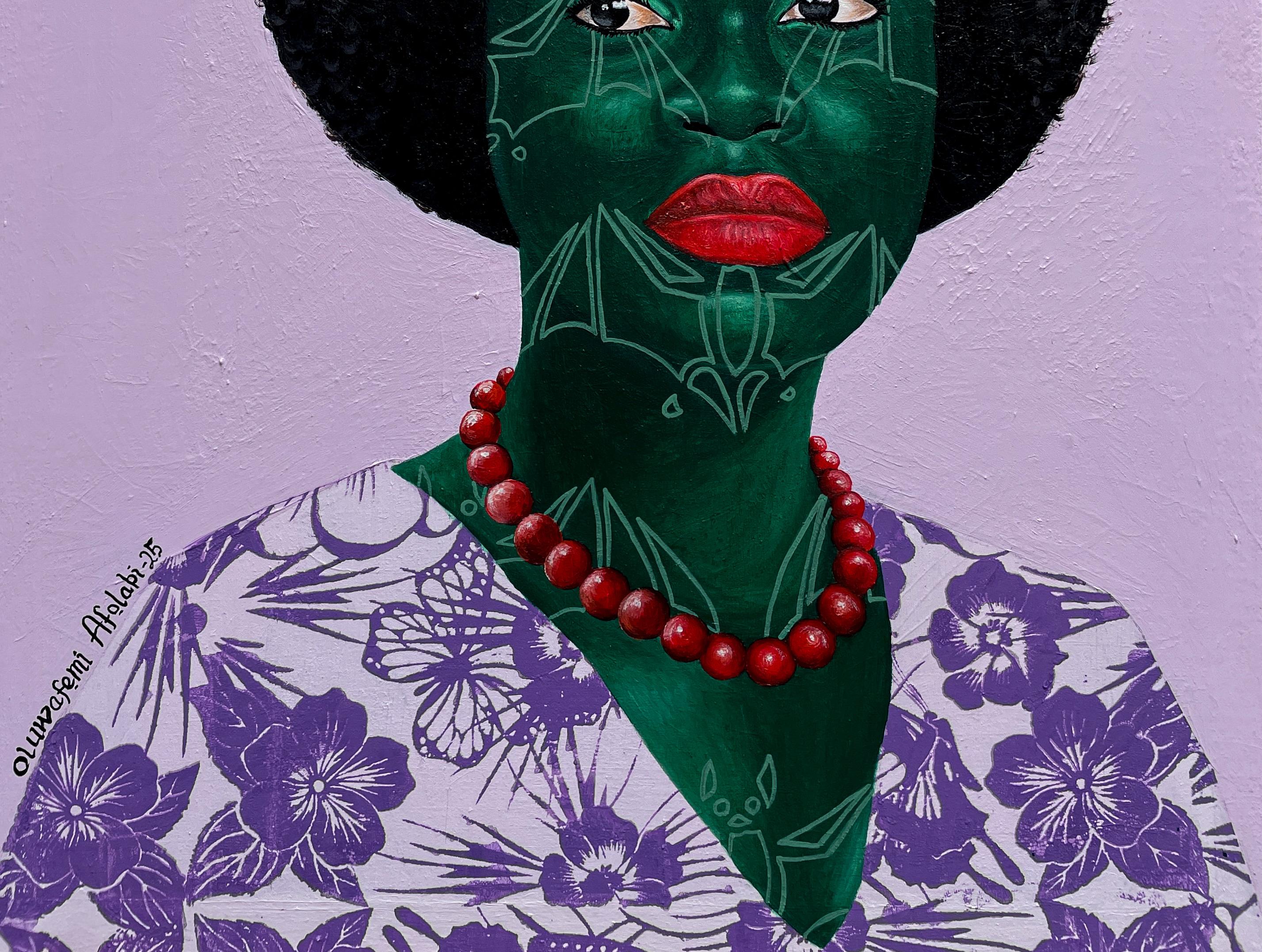 Insight 5 - 21e siècle, Contemporain, Figuratif, Femmes, Tissu africain - Violet Portrait Painting par Oluwafemi Afolabi