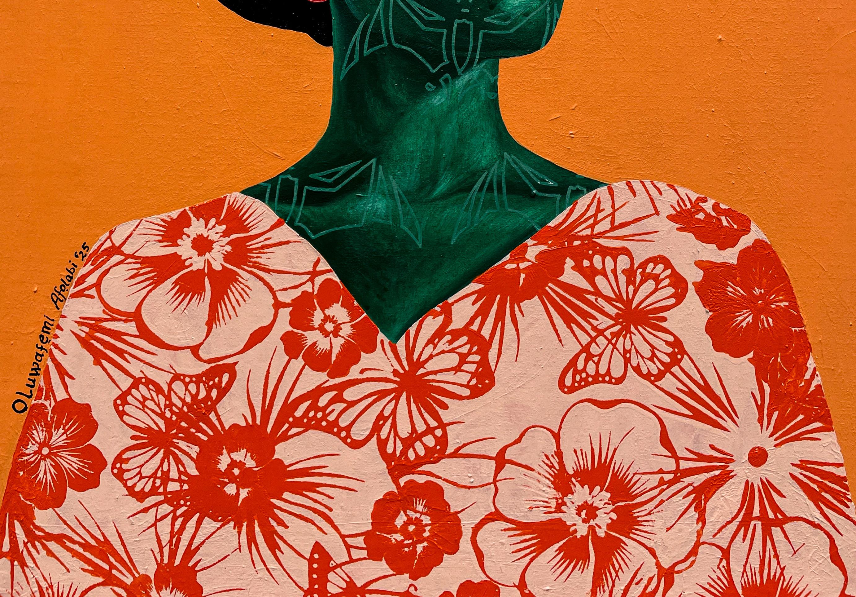 Insight 6 - 21. Jahrhundert, Zeitgenössisch, Figurativ, Frauen, Afrikanischer Stoff (Orange), Figurative Painting, von Oluwafemi Afolabi