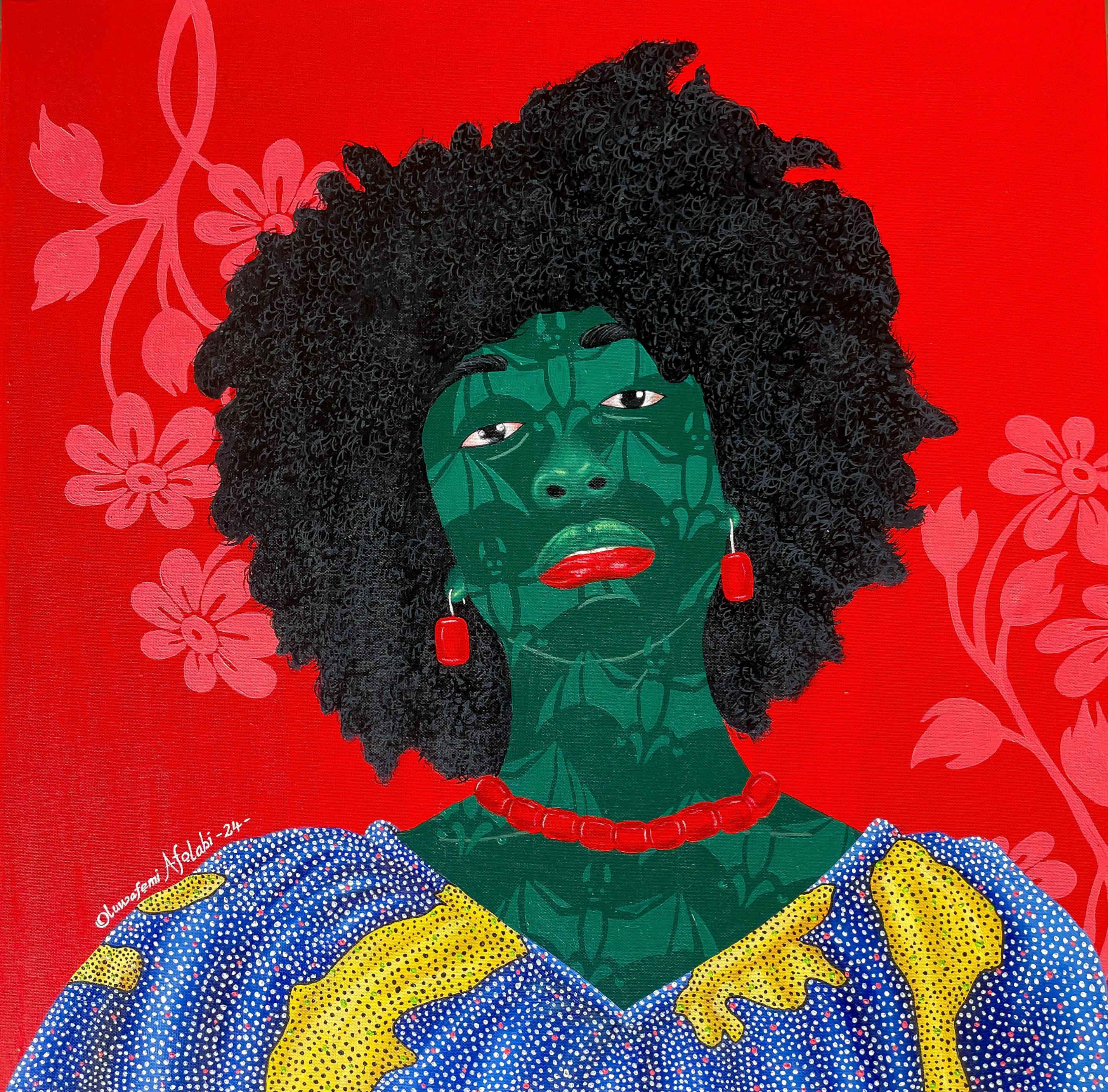 Portrait Painting di Oluwafemi Afolabi - Sentimento misto - 21° secolo, Contemporaneo, Figurativo, Donne, Fabrice africana