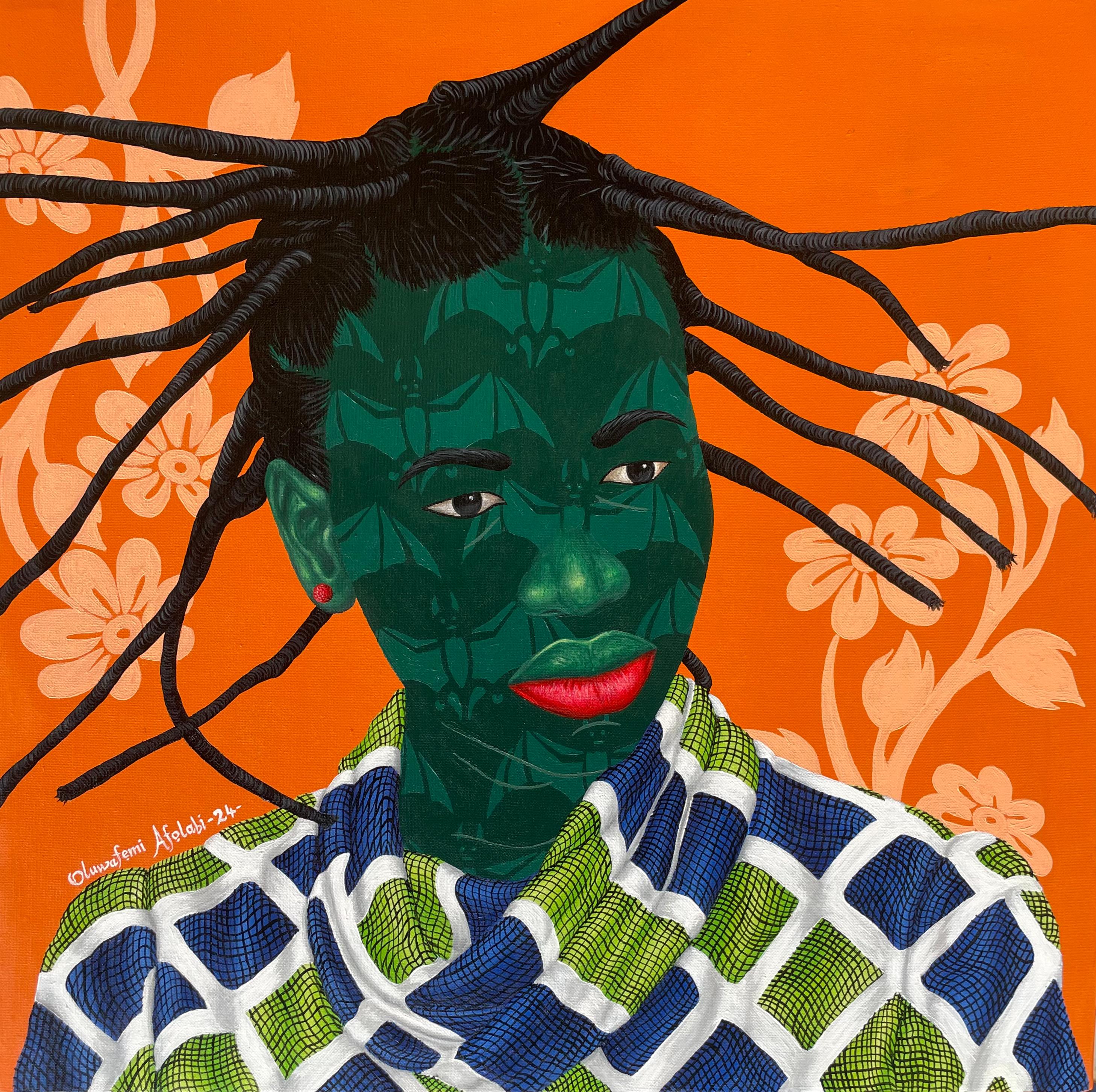 Portrait Painting di Oluwafemi Afolabi - Ottimista - 21° secolo, Contemporaneo, Figurativo, Donne, Fabrice africana