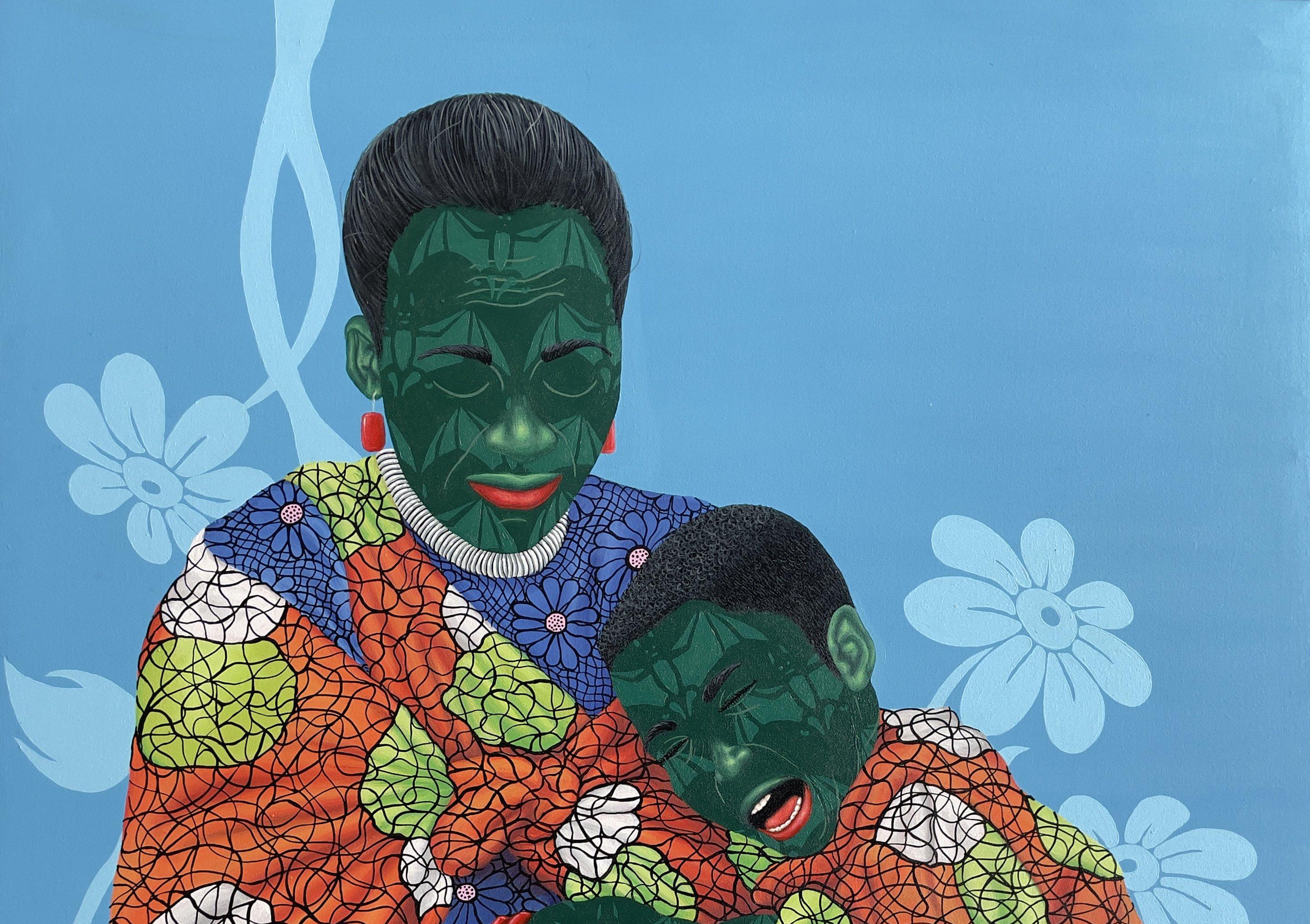 Prayerful Embrace - 21st Century, Contemporary, Figurative, Women, Child, Fabric - Painting de Oluwafemi Afolabi