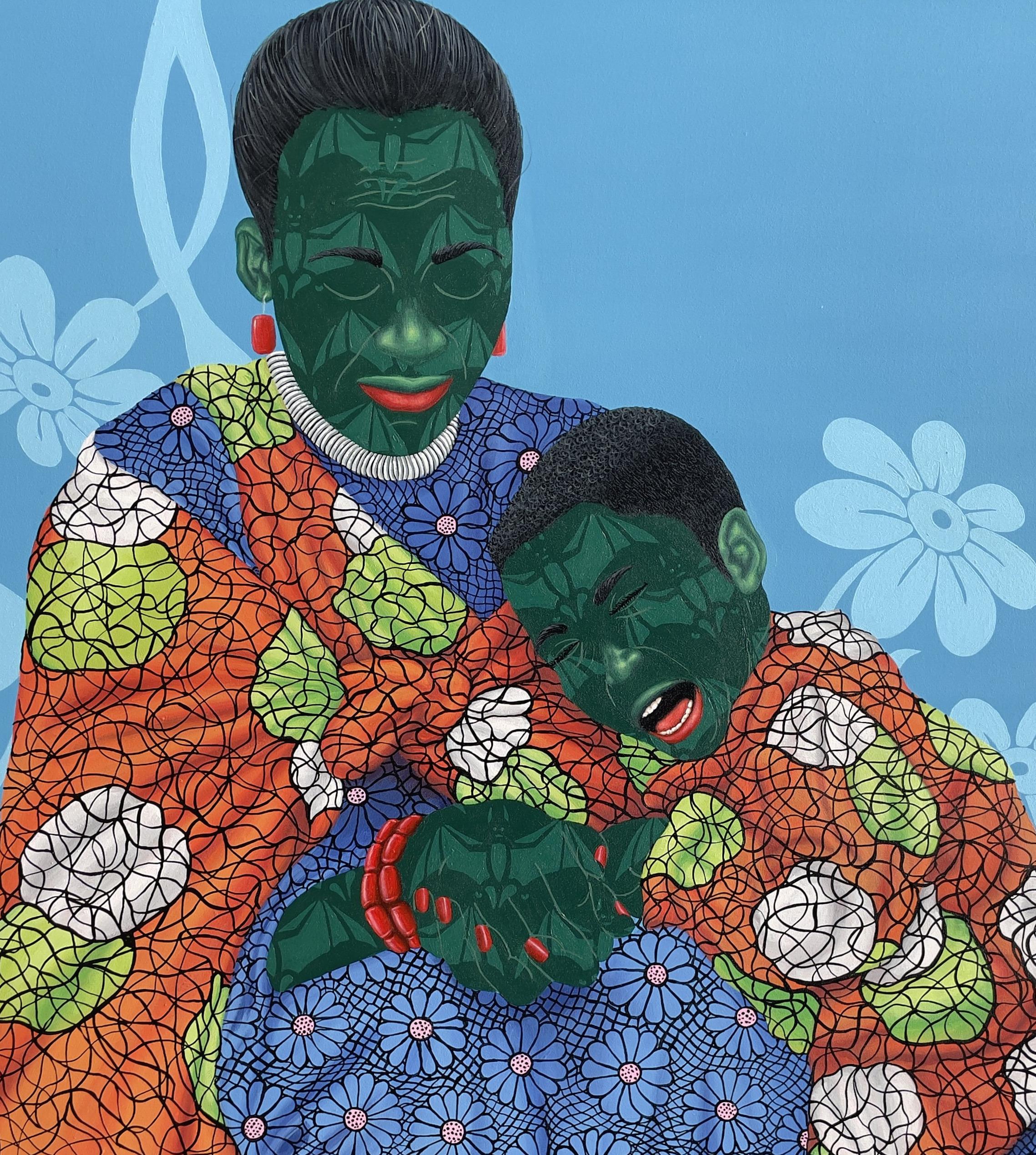 Prayerful Embrace - 21st Century, Contemporary, Figurative, Women, Child, Fabric - Bleu Figurative Painting par Oluwafemi Afolabi
