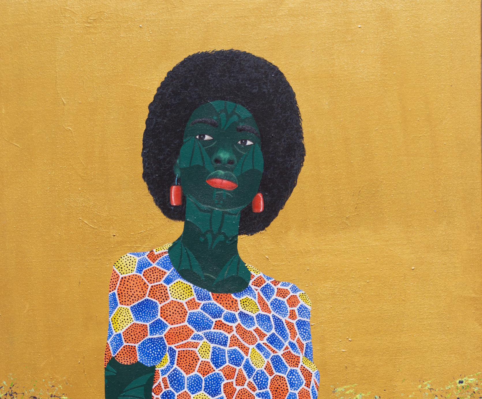 Autoestima -Siglo XXI, Contemporáneo, Figurativo, Tejido africano, Floral - Painting de Oluwafemi Afolabi