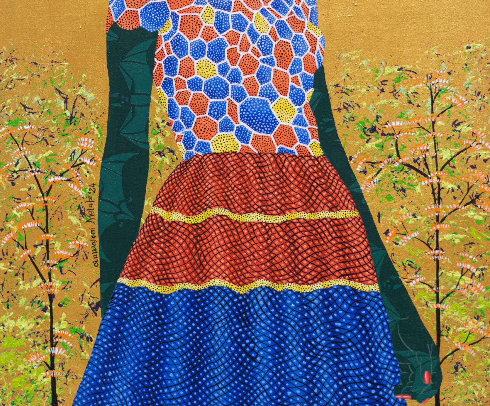 Autoestima -Siglo XXI, Contemporáneo, Figurativo, Tejido africano, Floral - Figurative Painting Marrón de Oluwafemi Afolabi