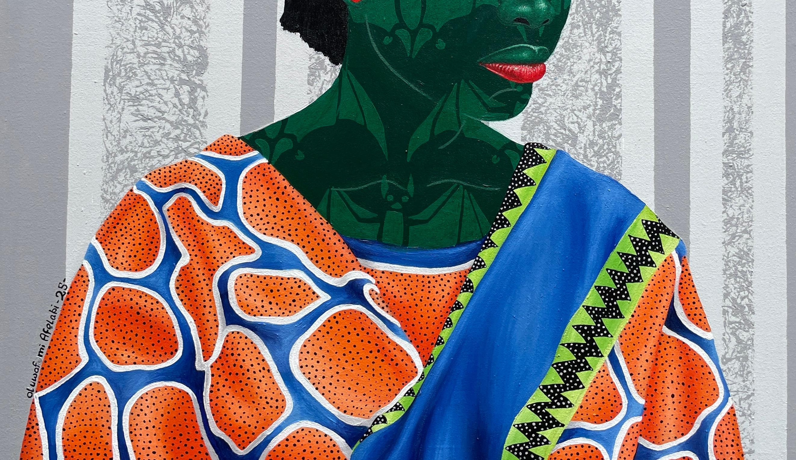 Silent Glow - 21e siècle, Contemporain, Figuratif, Femmes, Tissu africain - Gris Portrait Painting par Oluwafemi Afolabi
