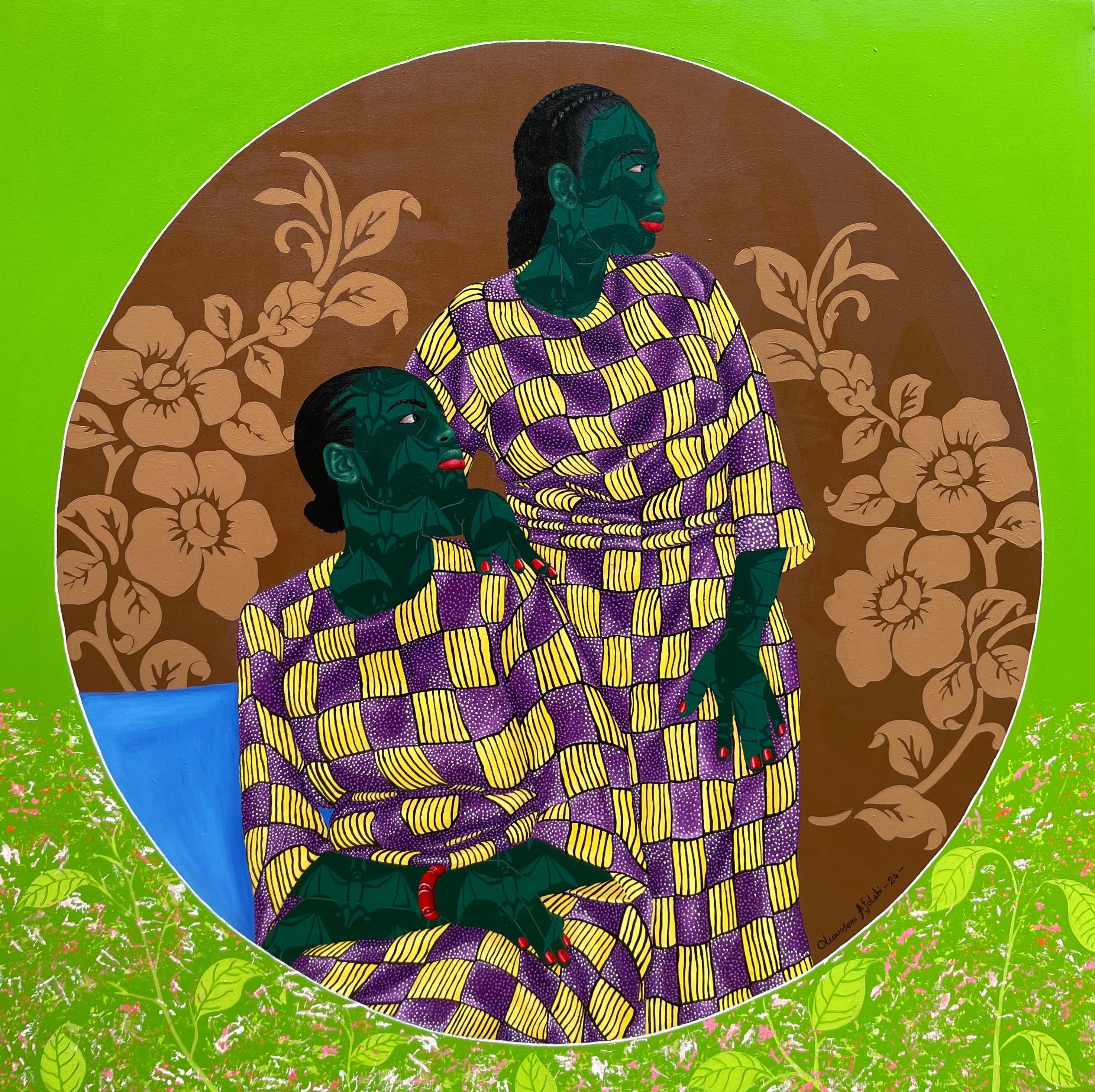 Figurative Painting de Oluwafemi Afolabi - Hermanas en Amarillo 4 -Siglo XXI, Contemporáneo, Figurativo, Tela Amor Africano