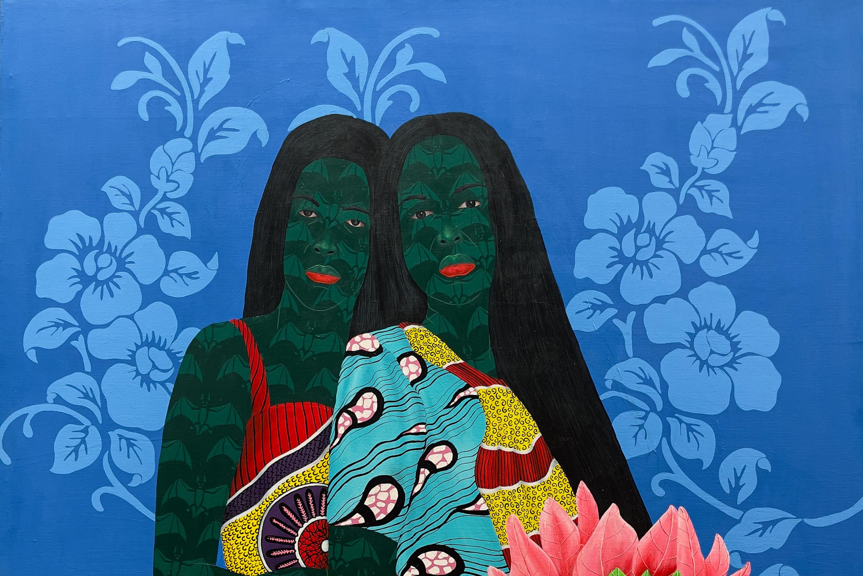 Sisters in Yellow 5 -21st Century, Contemporary, Figurative, Love African Fabric - Painting by Oluwafemi Afolabi