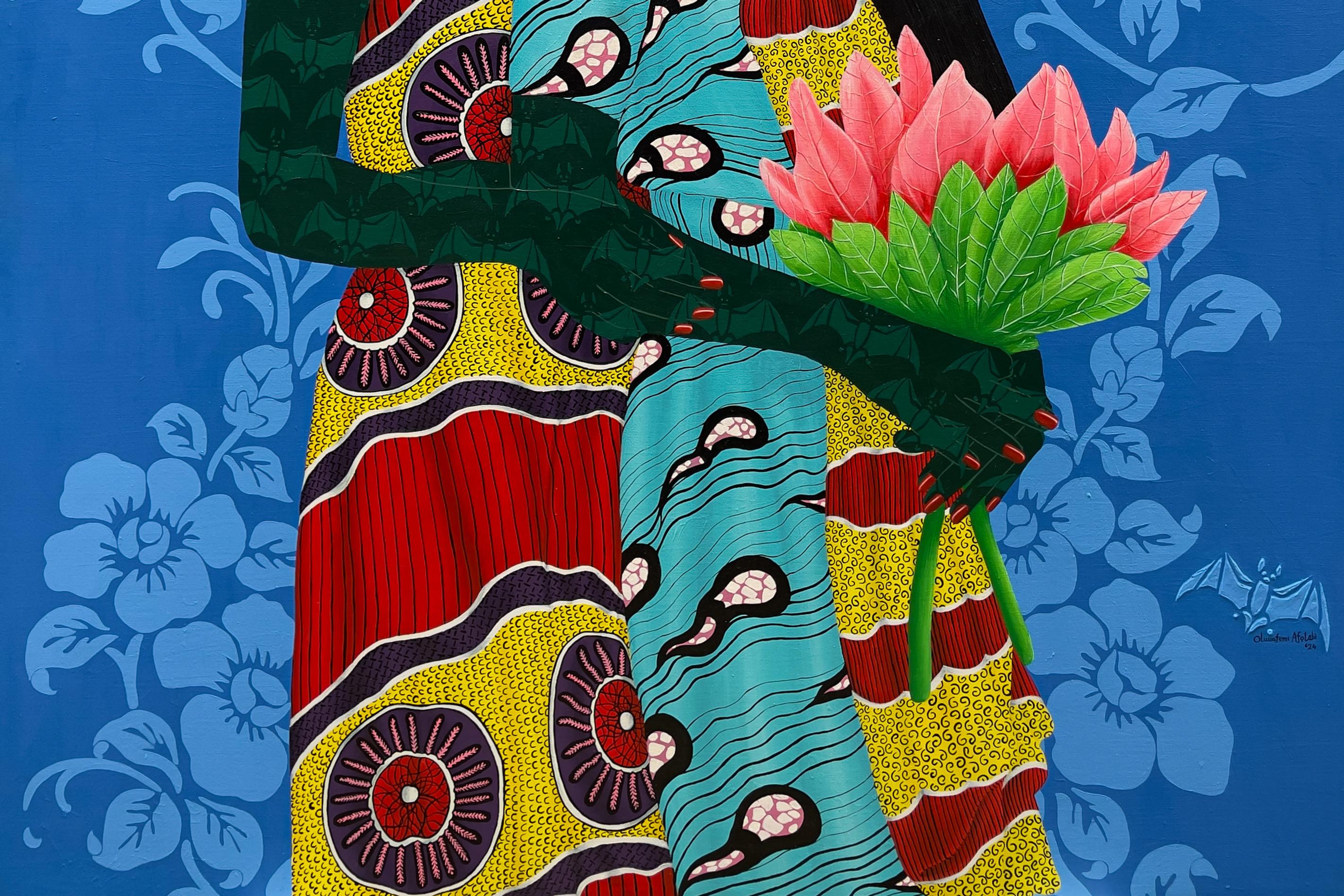 Sisters in Yellow 5 -21st Century, Contemporary, Figurative, Love African Fabric - Blue Portrait Painting by Oluwafemi Afolabi