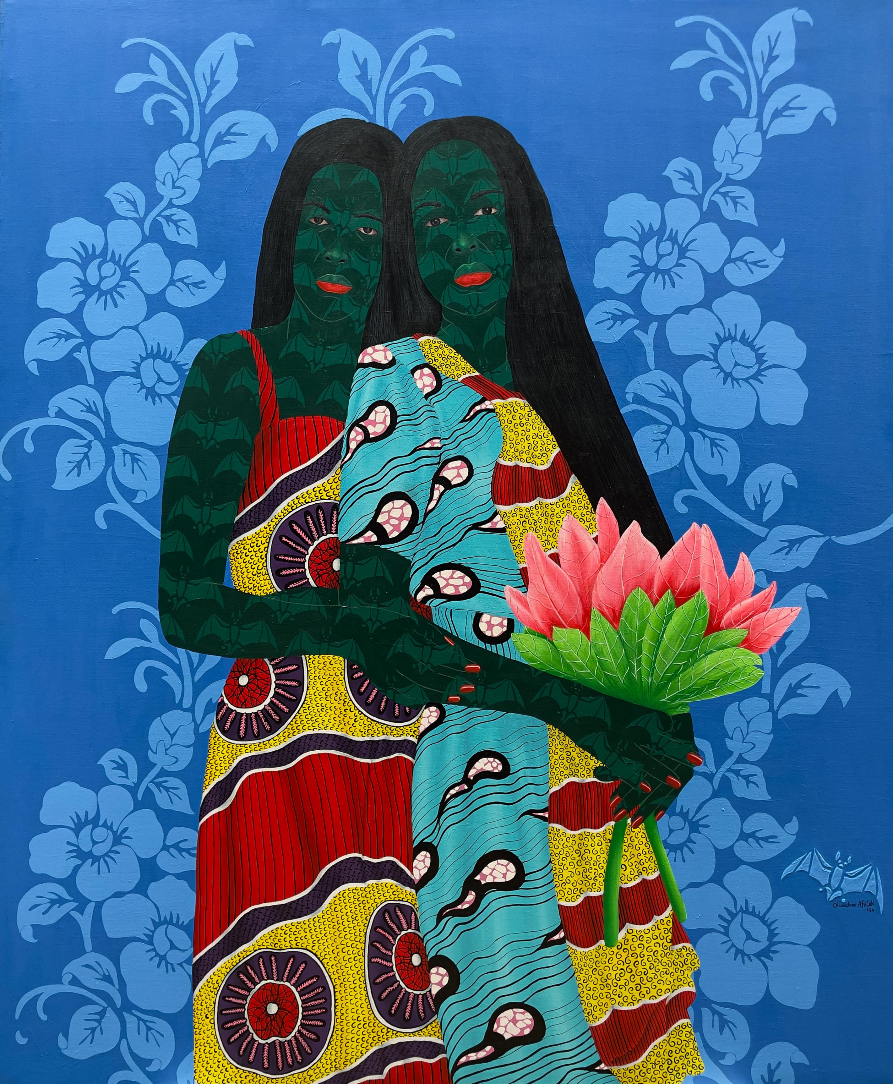 Oluwafemi Afolabi Portrait Painting - Sisters in Yellow 5 -21st Century, Contemporary, Figurative, Love African Fabric