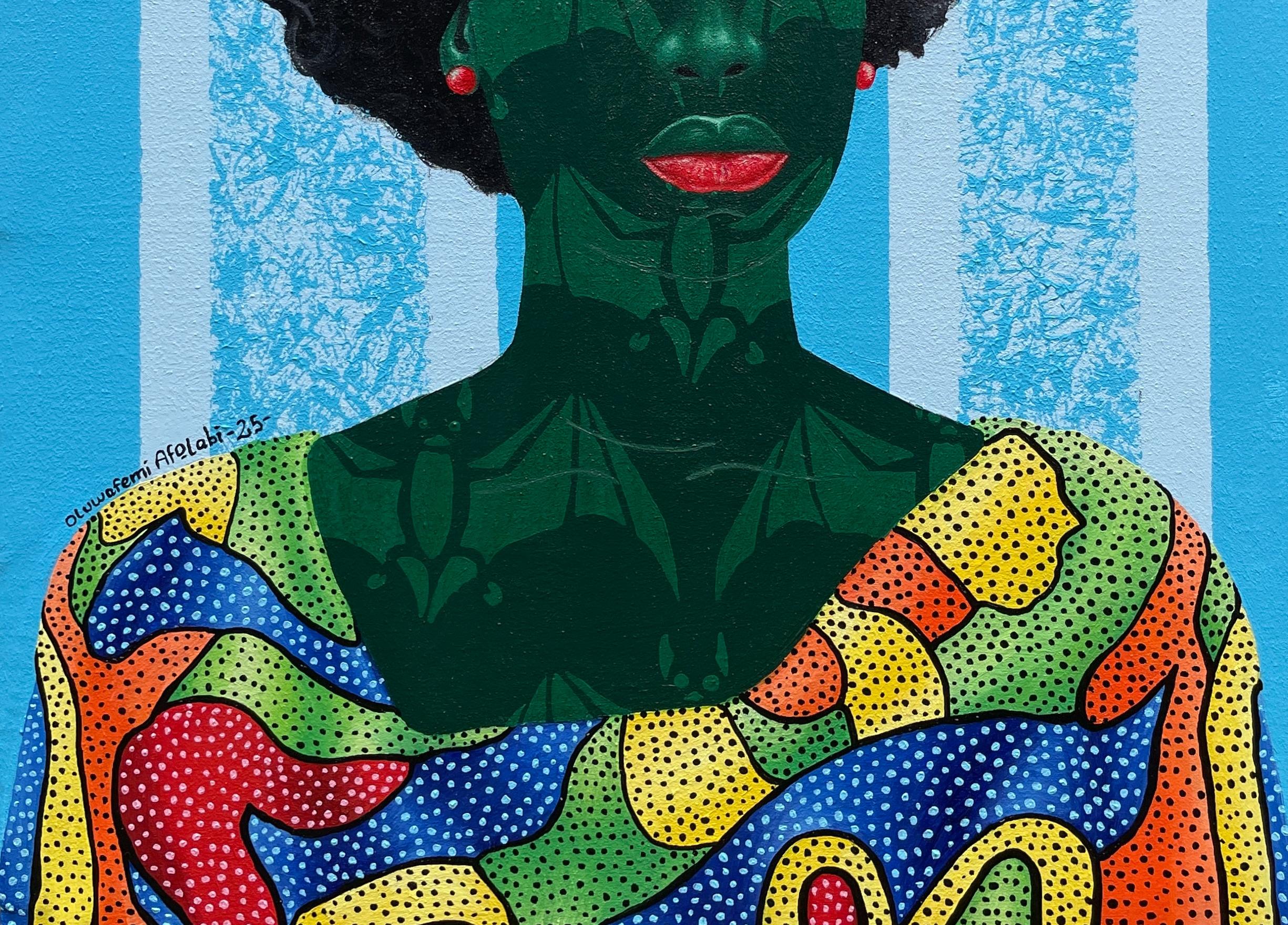 Timeless Radiance -21e siècle, contemporain, figuratif, femmes, tissu africain - Contemporain Painting par Oluwafemi Afolabi