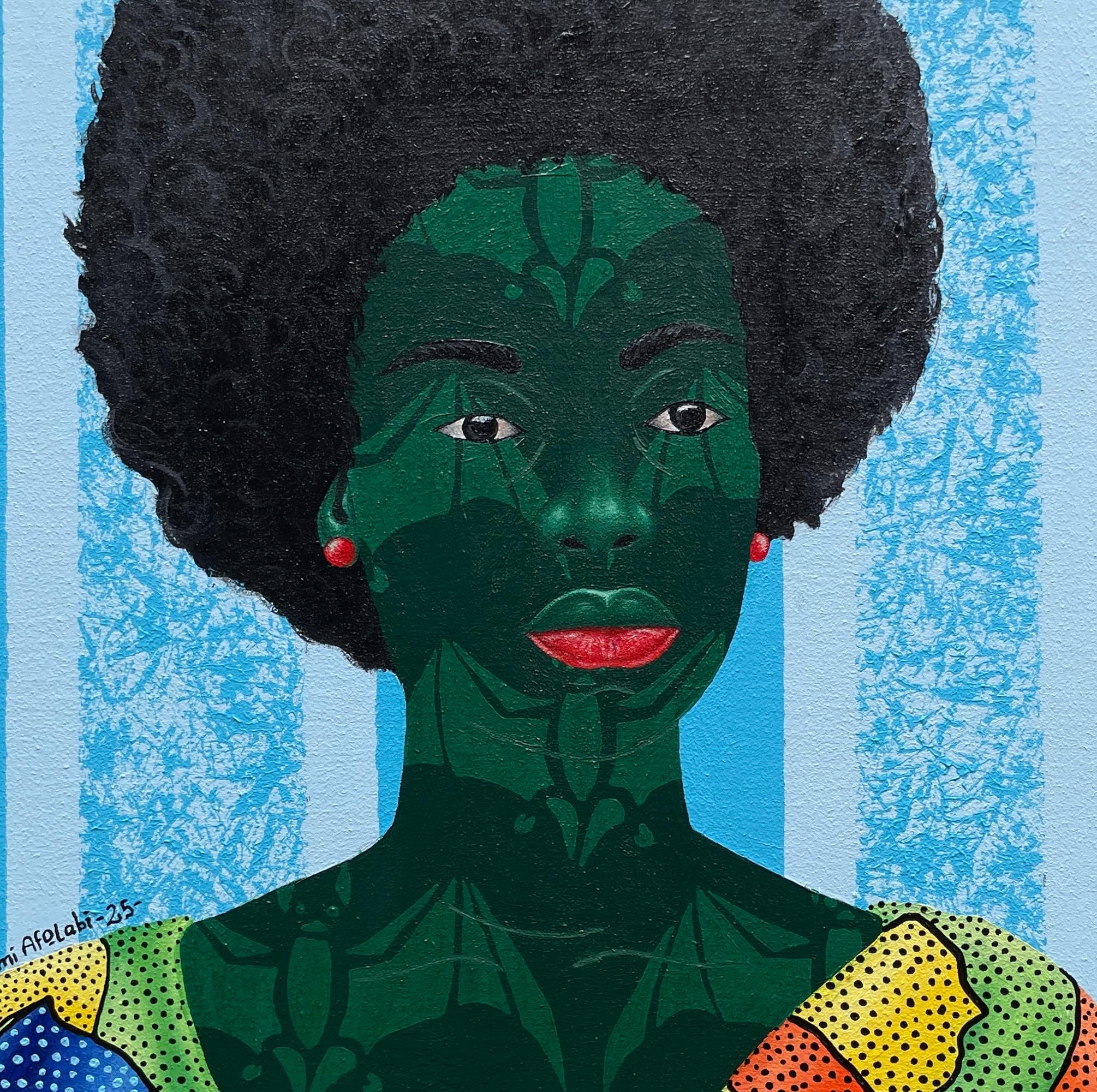 Timeless Radiance -21e siècle, contemporain, figuratif, femmes, tissu africain - Bleu Portrait Painting par Oluwafemi Afolabi