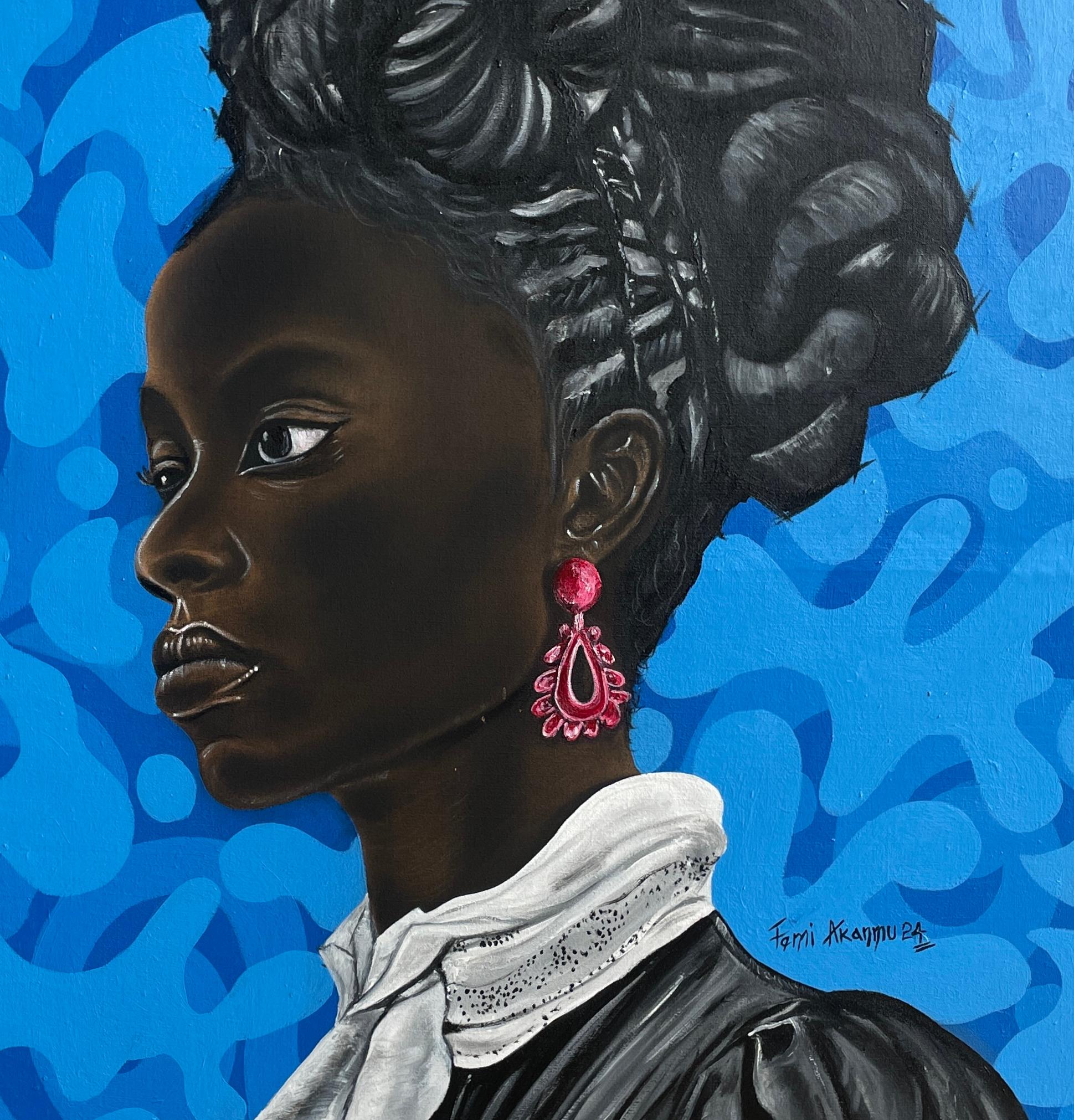Black Heritage 2 - 21ème siècle, Contemporary, Figurative, African, Woman, Hair - Bleu Figurative Painting par Oluwafemi Akanmu