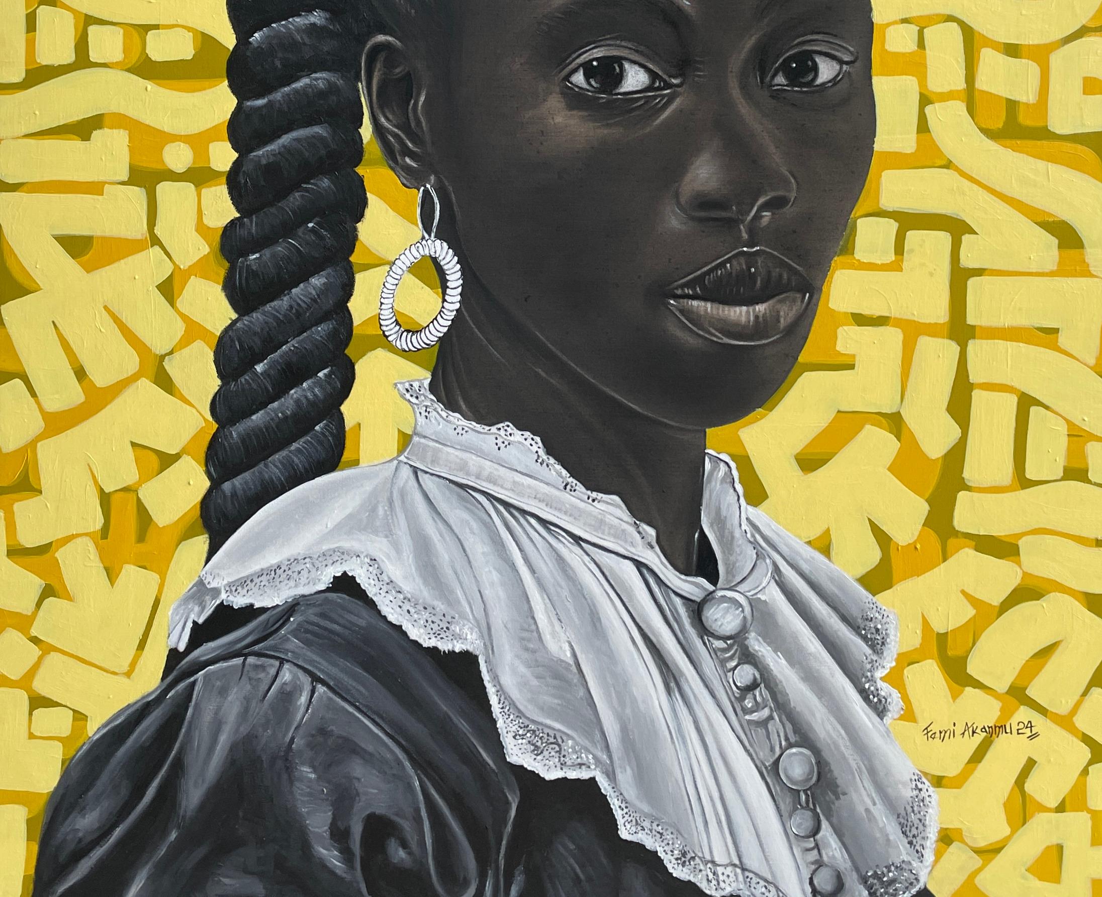 Herencia Negra 1 - Siglo XXI, Contemporáneo, Figurativo, Africano, Mujer, Pelo - Figurative Painting Beige de Oluwafemi Akanmu