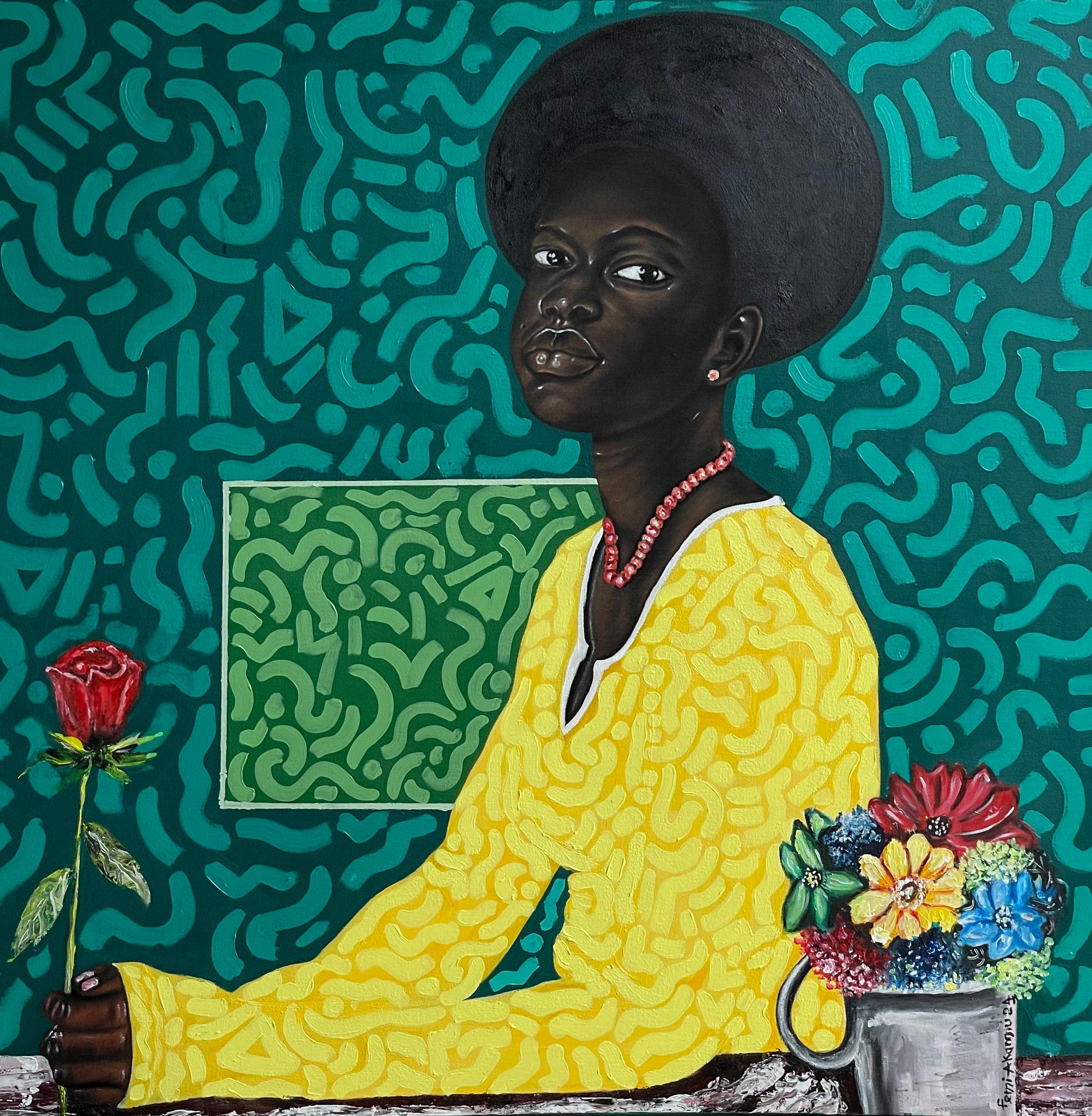 Feminism - 21st Century, Contemporary, Figurative Portrait, Women with Flowers - Mixed Media Art by Oluwafemi Akanmu