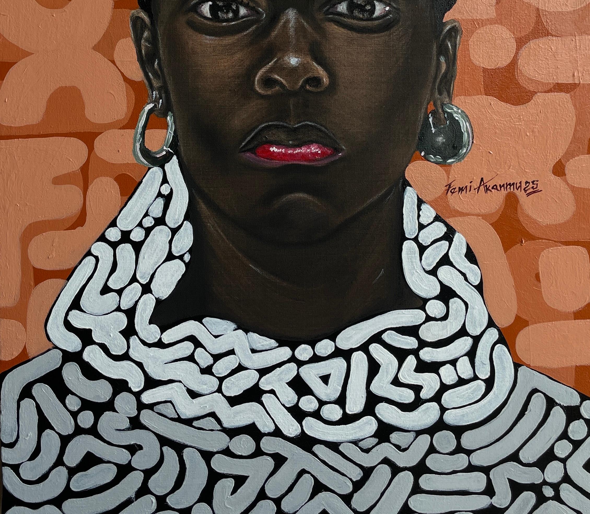 Mixed Feeling 3 - 21st Century, Contemporary, Figurative Portrait, Modern, Women - Brown Figurative Painting by Oluwafemi Akanmu