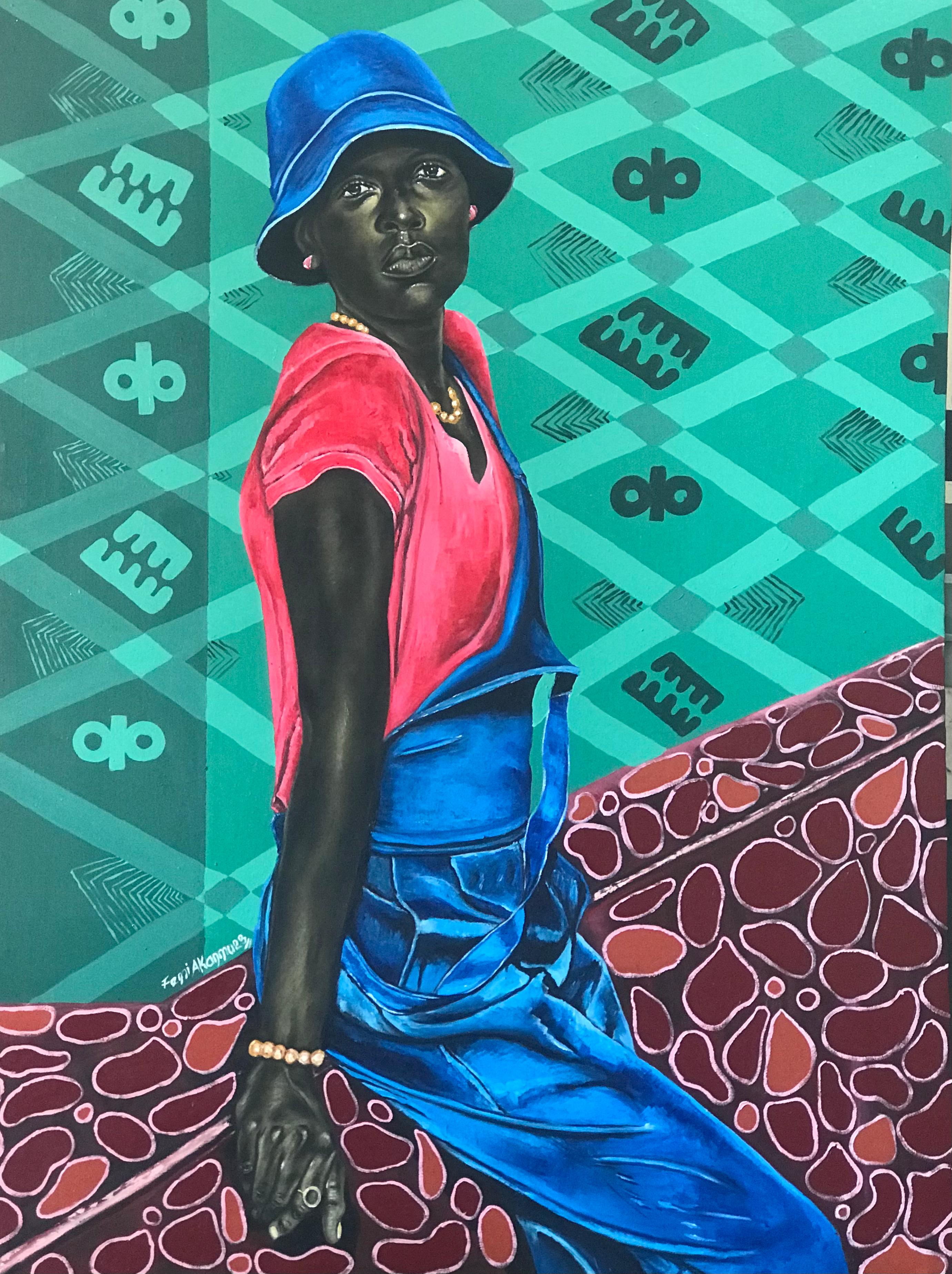 Tiempo de Espera - Siglo XXI, Contemporáneo, Retrato Figurativo, Moderno, Mujer - Mixed Media Art de Oluwafemi Akanmu