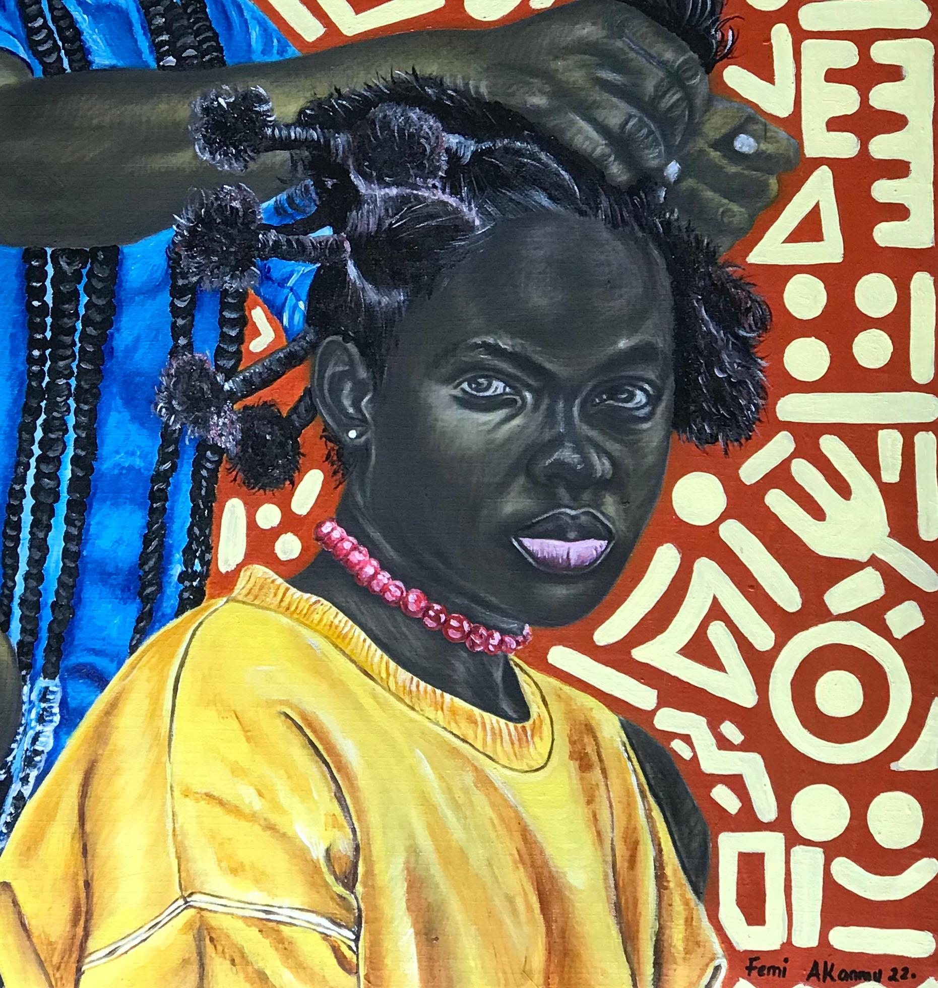 Onídìrí (Hair Dresser) - Contemporary Painting by Oluwafemi Akanmu