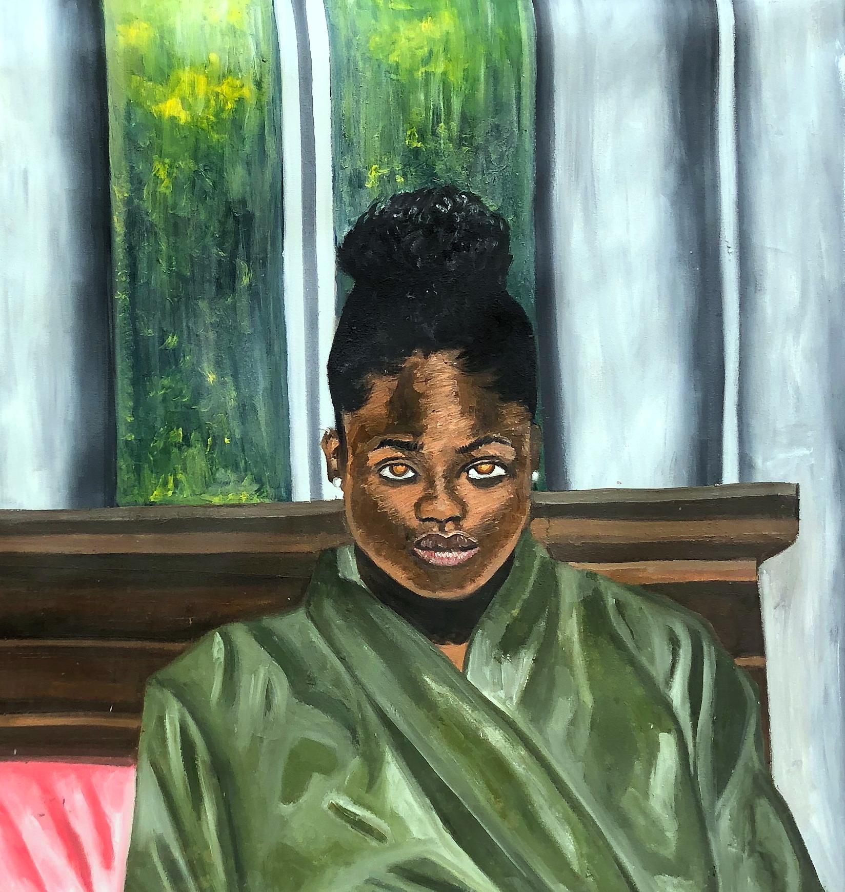 Her Green Robe - Surrealist Painting by Oluwapelumi Oluyemi