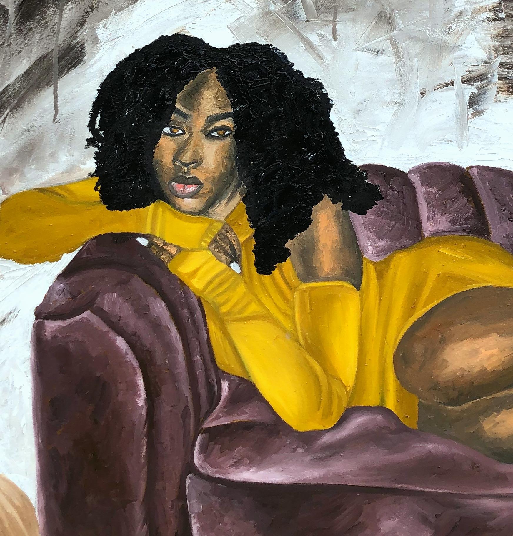 Purple Couch - Surrealist Painting by Oluwapelumi Oluyemi
