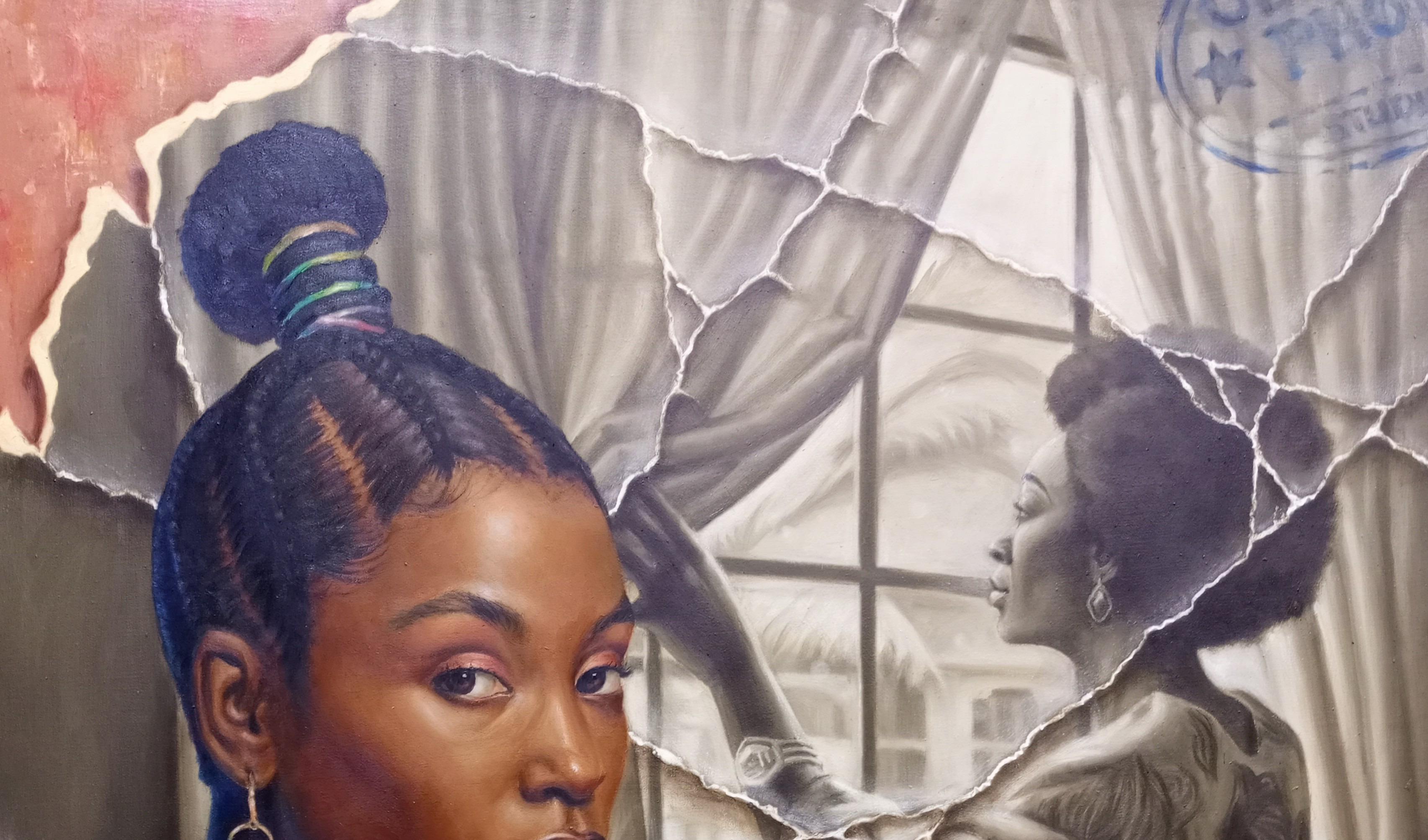 Almost Arrived -21st Century, Contemporary, Figurative Painting, Realism - Brown Portrait Painting by Oluwaseun Ojebiyi