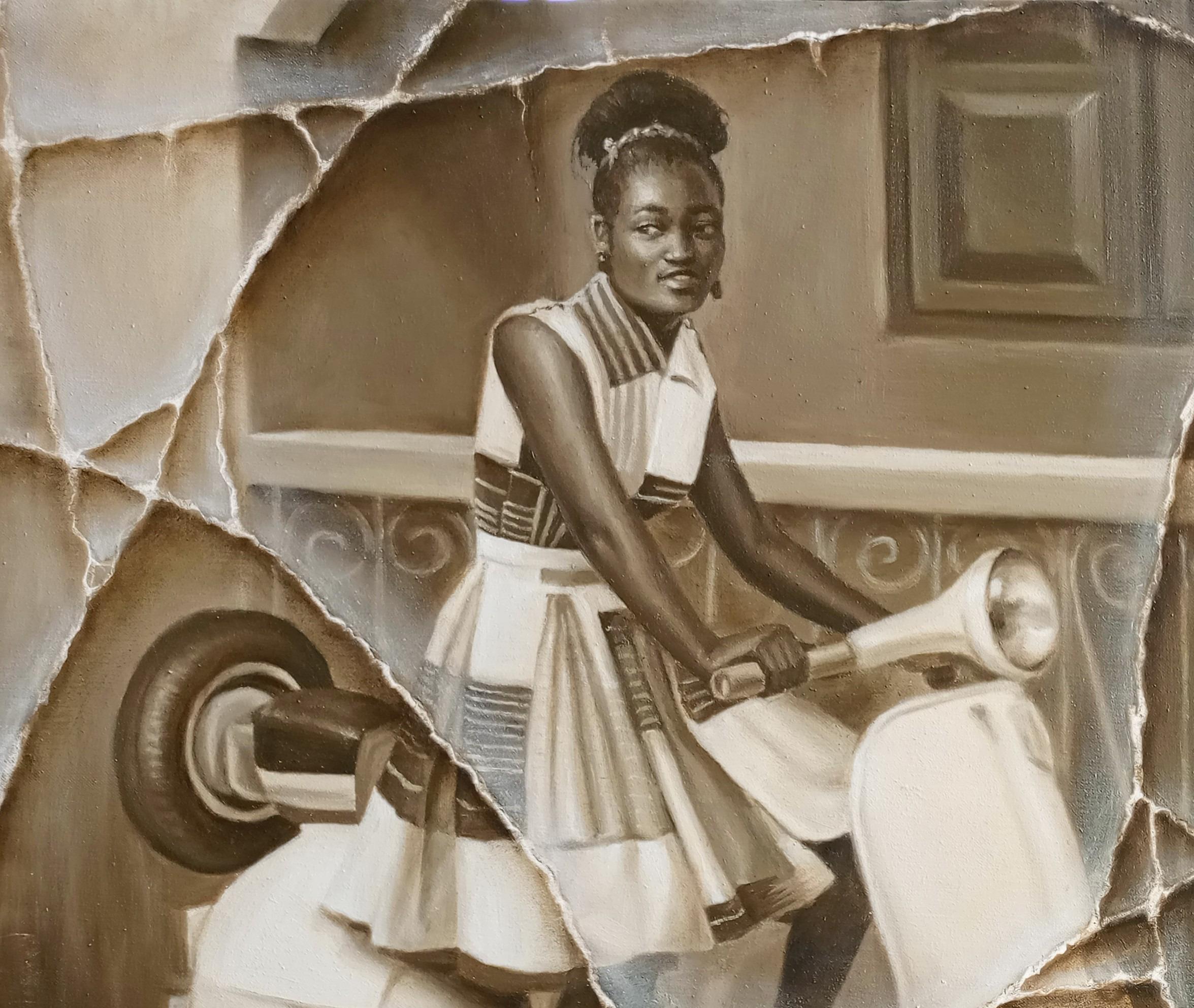 El viaje -Siglo XXI, Contemporáneo, Pintura figurativa, Óleo, Mujer, Vehículo - Painting de Oluwaseun Ojebiyi