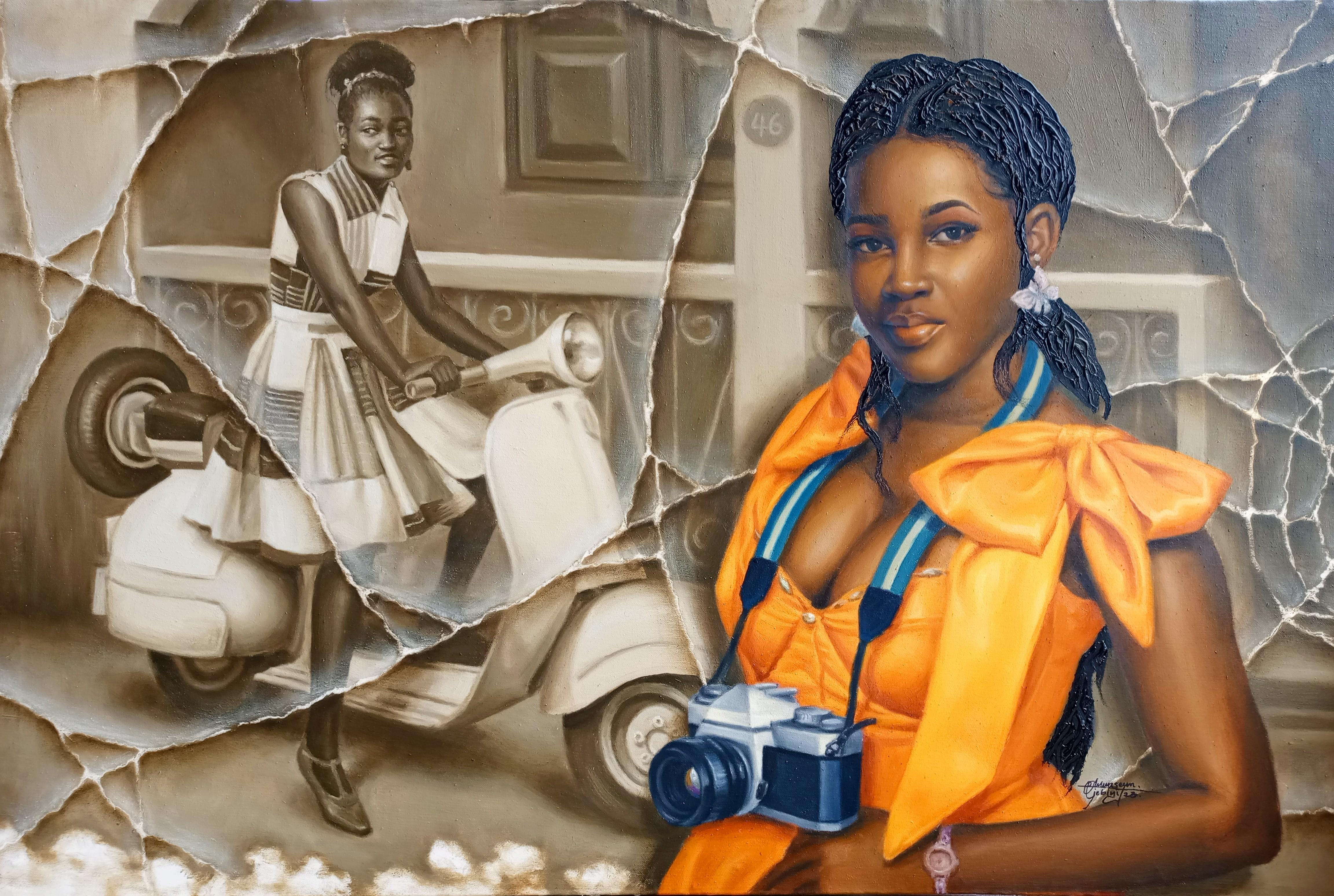 Portrait Painting de Oluwaseun Ojebiyi - El viaje -Siglo XXI, Contemporáneo, Pintura figurativa, Óleo, Mujer, Vehículo