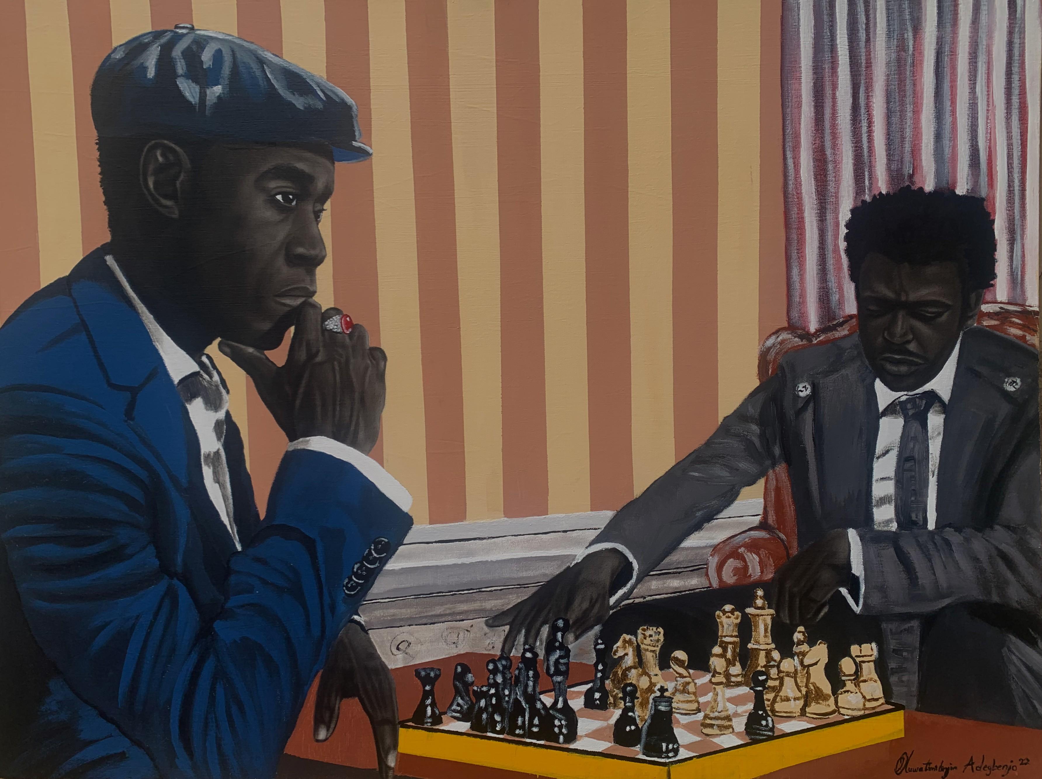 The Chess - 21st Century, Contemporary, Figurative Portrait, Men, Game - Mixed Media Art by Oluwatimileyin Tega Adegbenjo