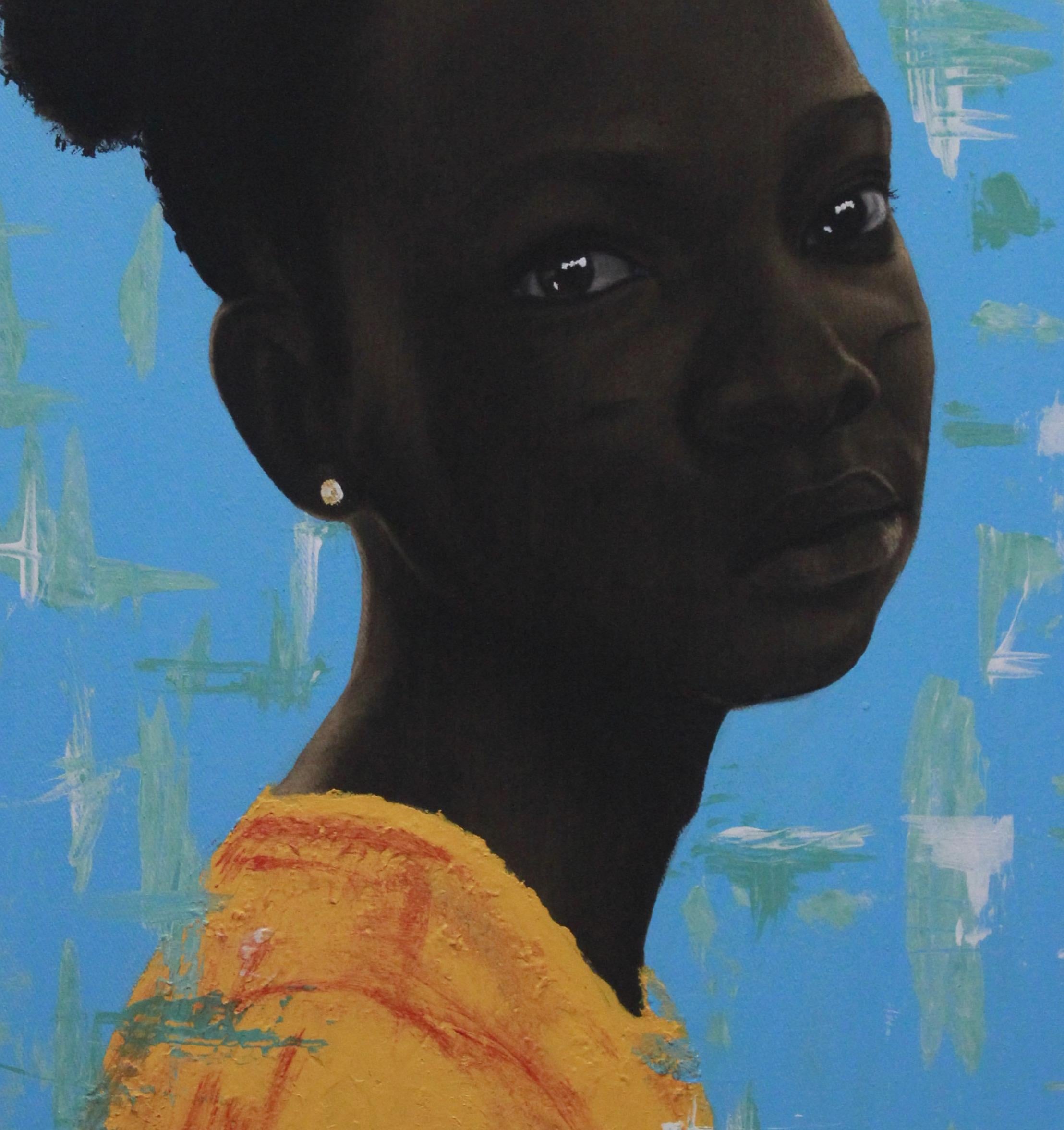 Sans titre -  21e siècle, Contemporary, Portrait figuratif, Afrique, Cheveux de femmes - Bleu Portrait Painting par Oluwatimileyin Tega Adegbenjo