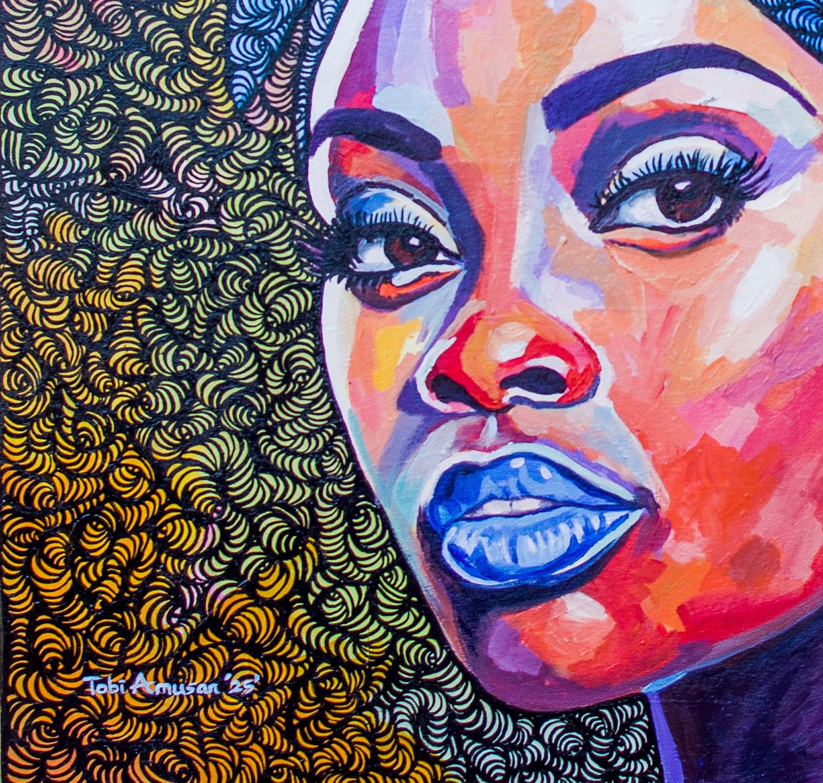 Head Tie 2 - 21. Jahrhundert, Zeitgenössisch, Figurativ Indigene, Frauen, Afrikanisch (Violett), Figurative Painting, von Oluwatobiloba Amusan
