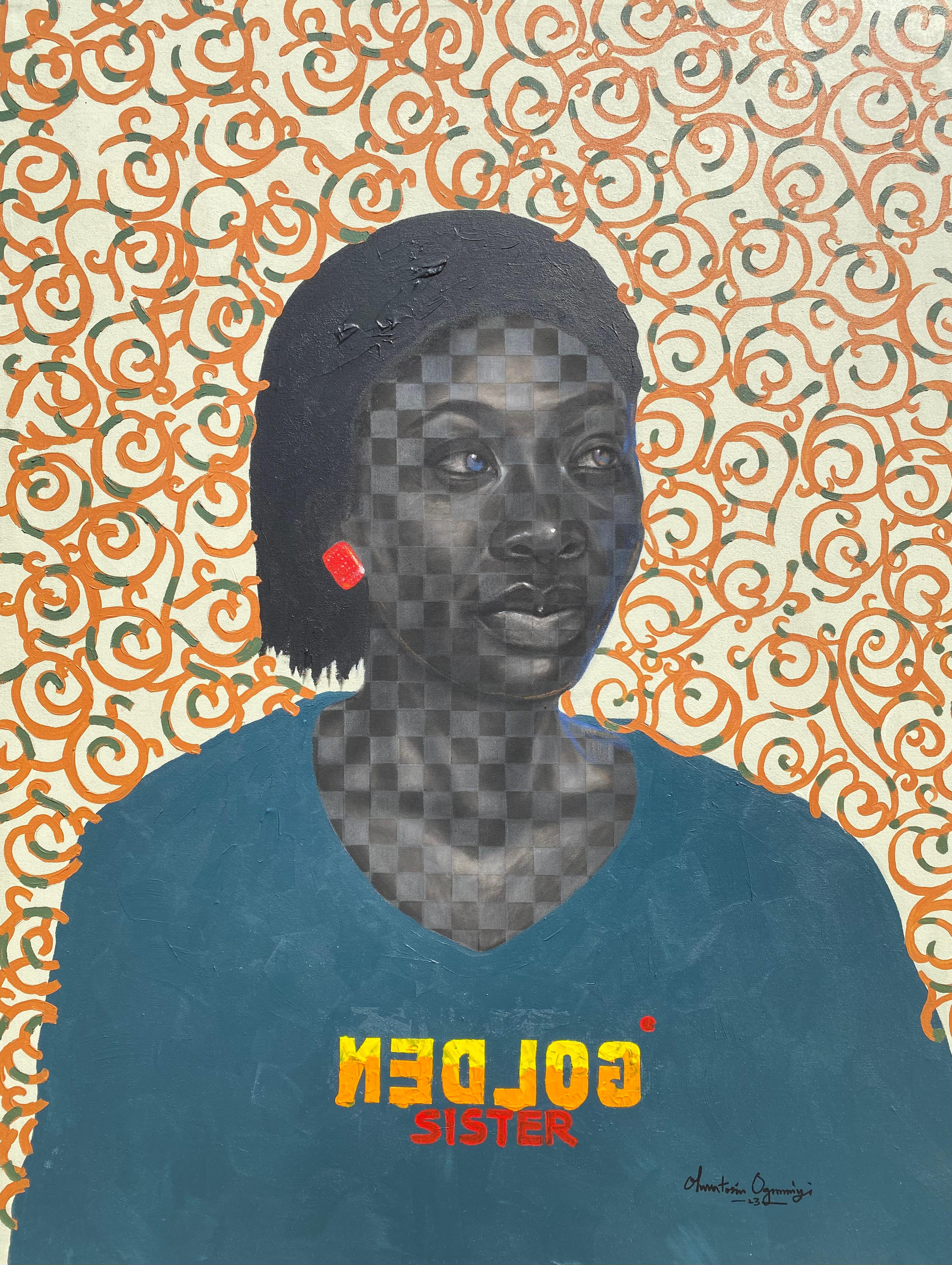 Hermana de sangre - Siglo XXI, Contemporáneo, Retrato figurativo, Rostro de mujer negra - Mixed Media Art de Oluwatosin Ogunniyi 