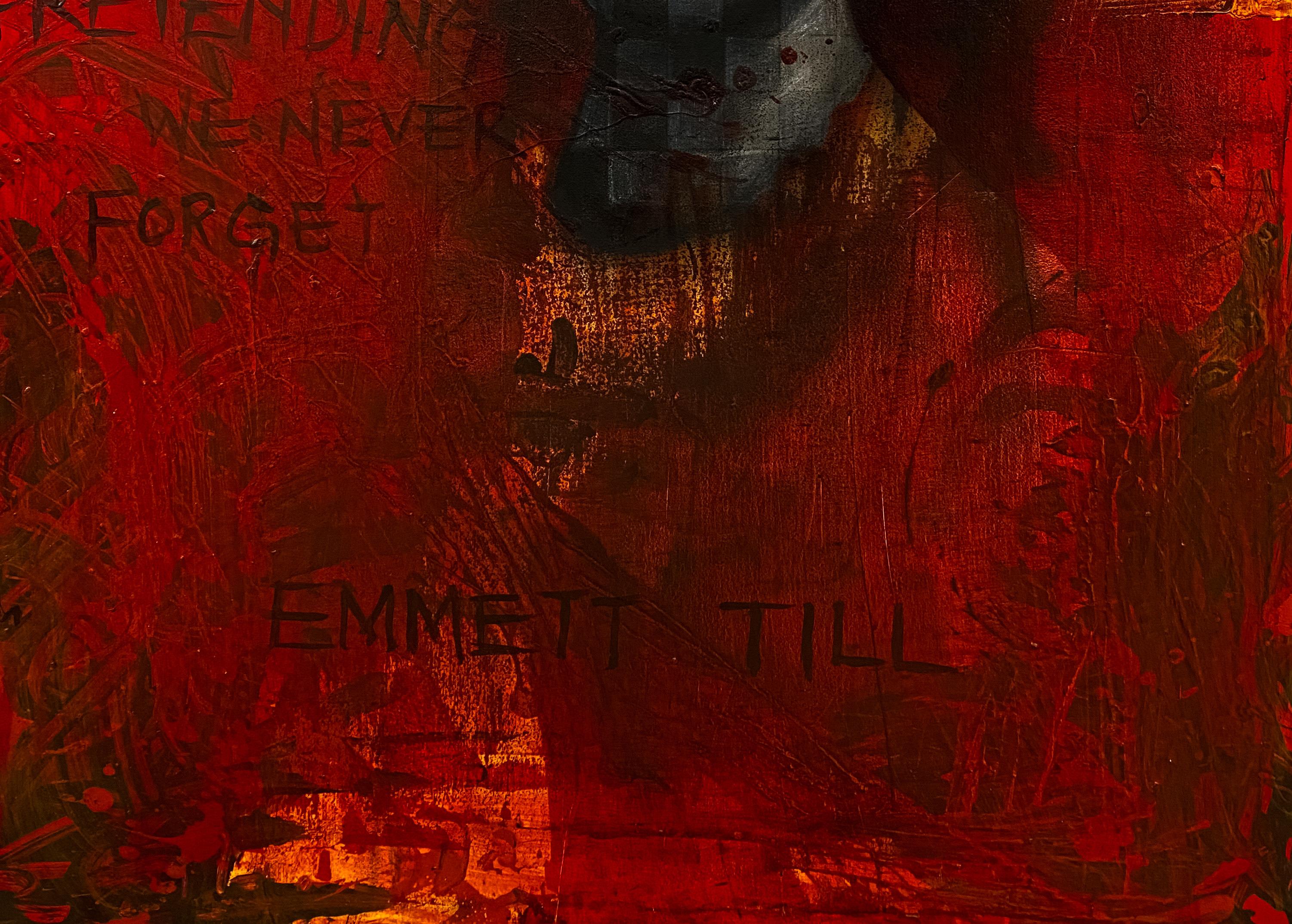 Weight They Cannot See One (Memorial of Emmett Till) -21e siècle, Contemporain - Rouge Portrait Painting par Oluwatosin Ogunniyi 