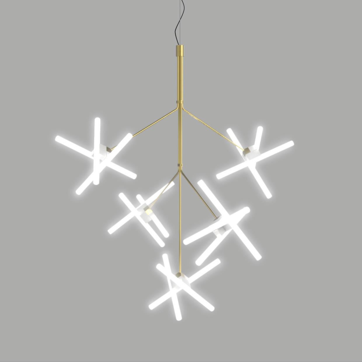 Olvidada chandelier lamp designed by Pepe Cortes.
Manufactured by BD Barcelona 

Steel structure and lamp holder nucleas with a brass scotch polished finish. Linestras 9W LED.
Linestras 9W LED S14D 3x9W LED suitable for 110 v. and v 220.