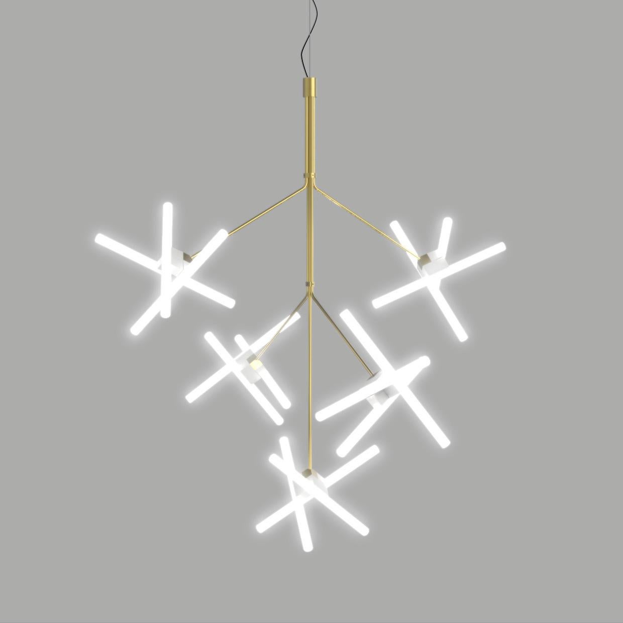 Olvidada chandelier lamp designed by Pepe Cortés.
Manufactured by BD Barcelona 

Steel structure and lamp holder nucleas with a brass scotch polished finish. Linestras 9W LED.
Linestras 9W LED S14D 3x9W LED suitable for 110 v. and v 220. 
Certified