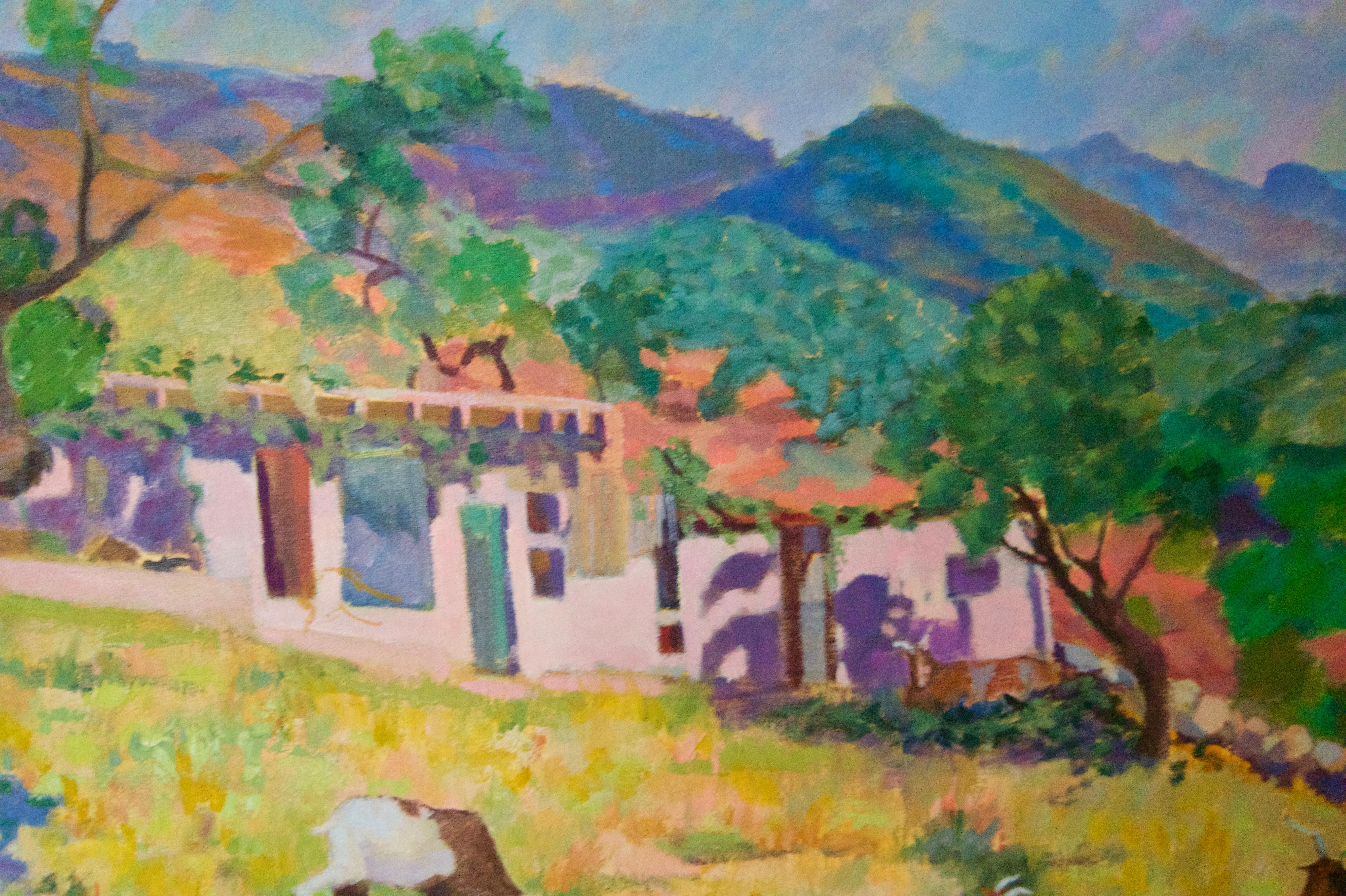 Mountain Village Landscape - Late 20th Century Oil Pastel by Olwen Tarrant 2