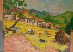 Vintage Mountain Village Landscape - Late 20th Century Oil Pastel by Olwen Tarrant