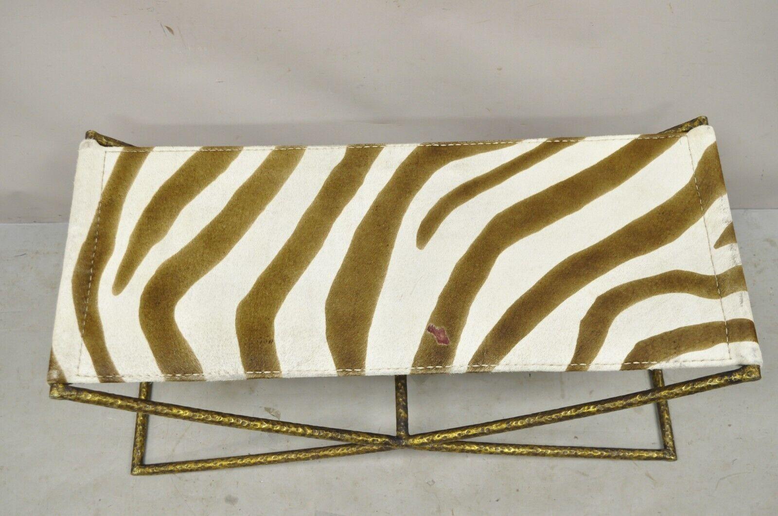 20th Century Oly Studio Hadley Beach Zebra Print Hide Seat Modern Brutalist Iron Cross Base