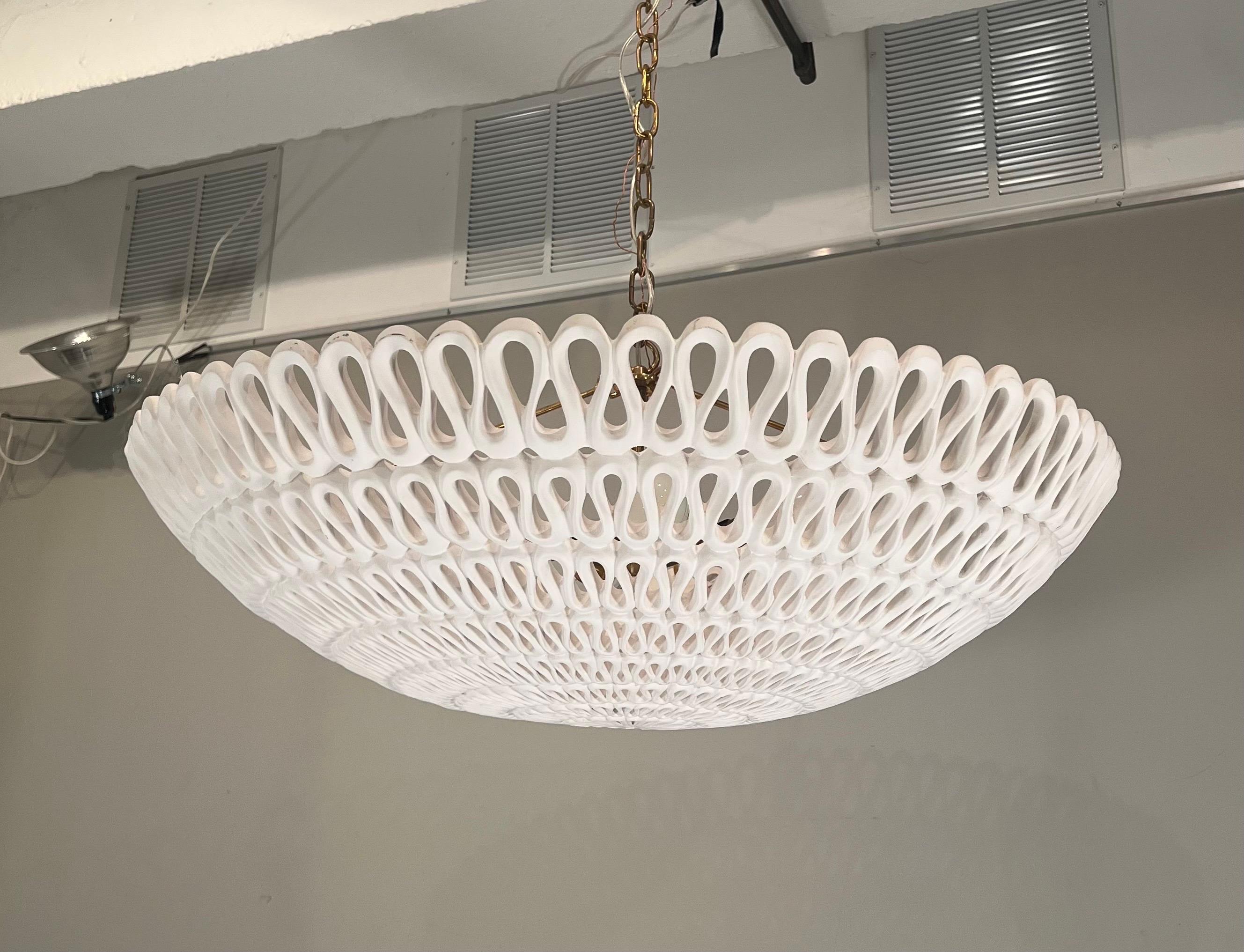 Oly Studio Pipa Modern Frost White Ribbon Bowl Chandelier

PIPA BOWL CHANDELIER
White cast resin
Includes canopy & 3-foot chain
Four bulbs not to exceed 60w
Dimensions35.5