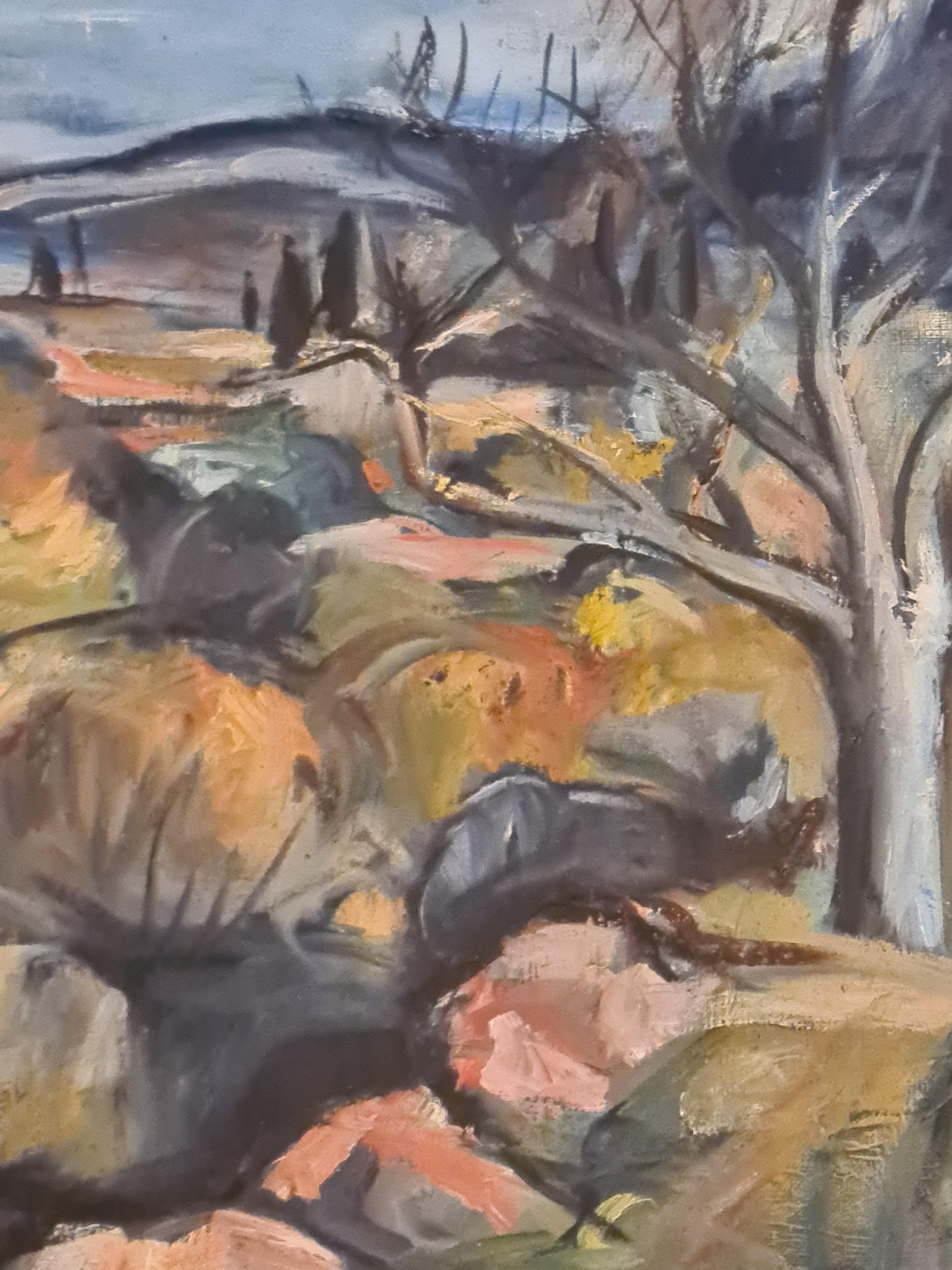 Fauvistische provenzalische Landschaft aus der Mitte des Jahrhunderts, The Bastide at Signes. Öl auf Leinwand. (Fauvismus), Painting, von Olympe Silvy