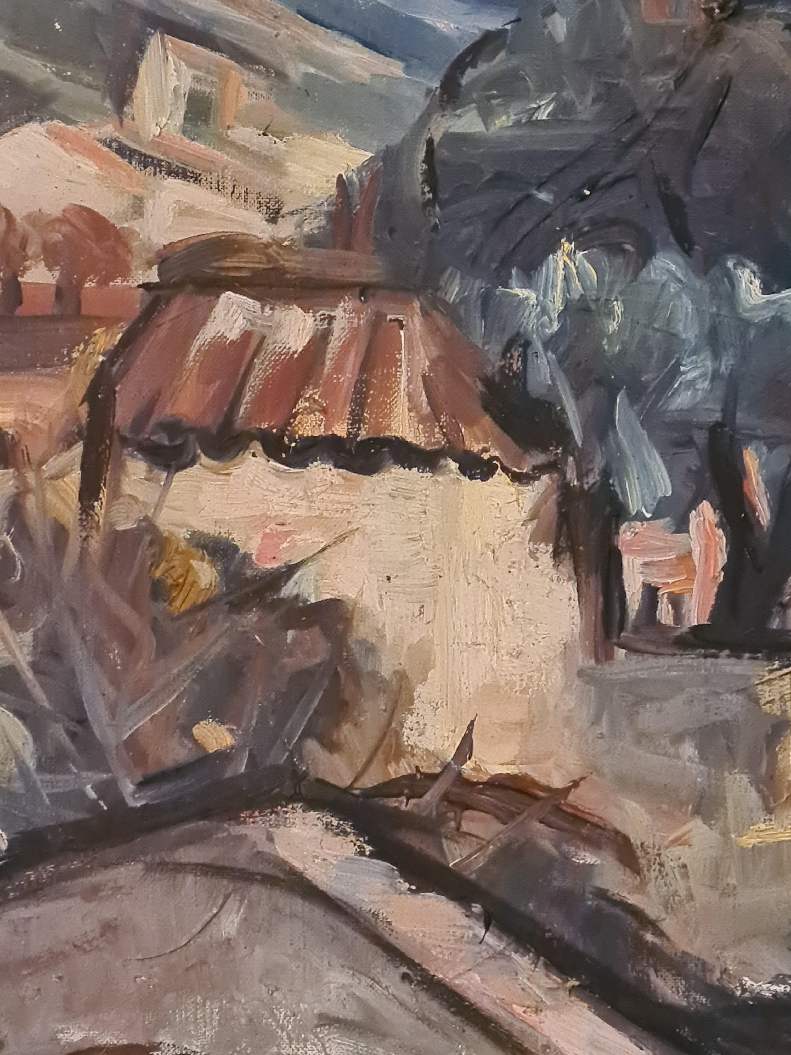 Fauvistische provenzalische Landschaft aus der Mitte des Jahrhunderts, The Bastide at Signes. Öl auf Leinwand. (Grau), Landscape Painting, von Olympe Silvy