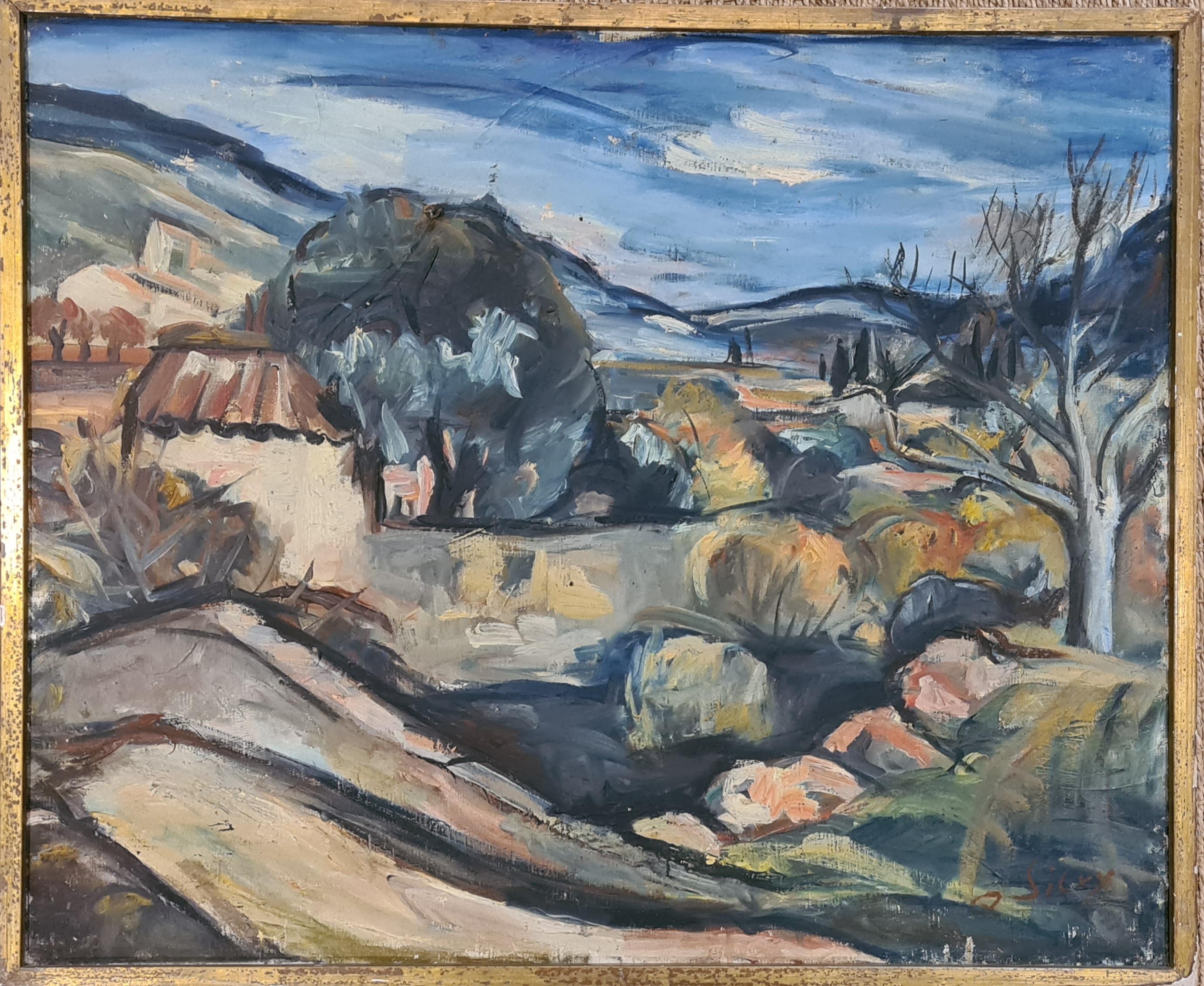 Olympe Silvy Landscape Painting – Fauvistische provenzalische Landschaft aus der Mitte des Jahrhunderts, The Bastide at Signes. Öl auf Leinwand.