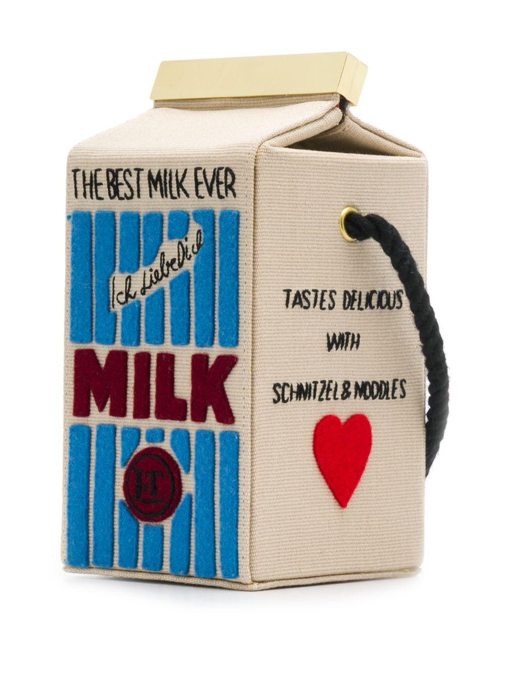 Handcrafted, this limited Edition 'Milk Carton' bag from Olympia Le-Tan takes its unique inspiration from the Sound of Music's iconic song 'My Favourite Things', The cover is intricately embroidered with the ' 'schnitzel and noodles' lyric on an