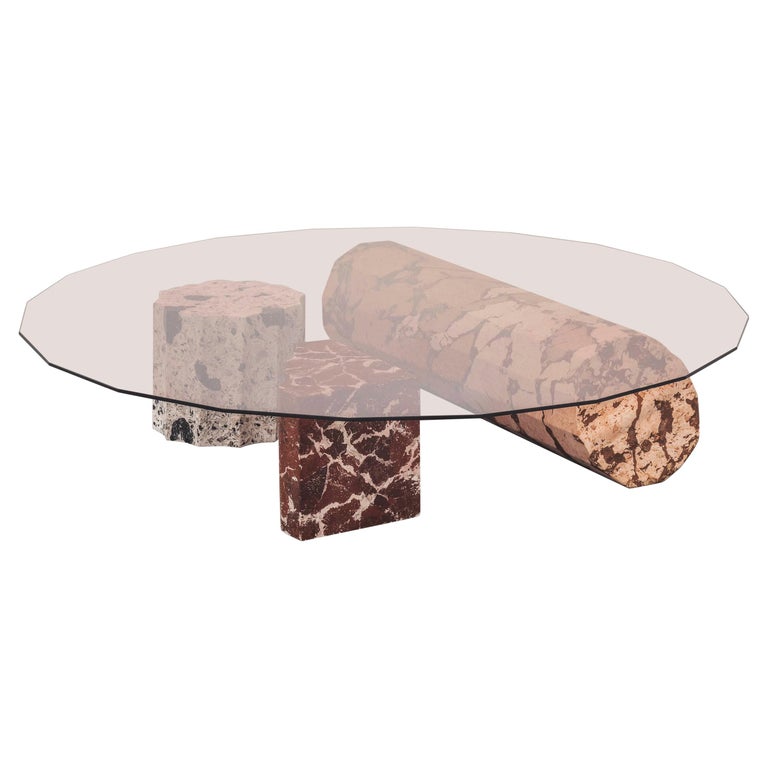 Roberto Sironi Olympia low table in <i>marmo di Rima</i> and tempered amethyst glass, 2020