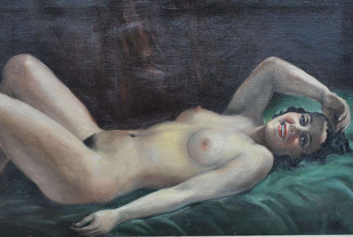 Oil on canvas painting signed Hilgers bottom right. 1930s, depicting a young woman naked kind of Olympia in the Art Deco style.