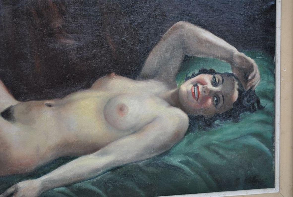 French Olympia Signed Hilgers Painting 1930 Art Deco Nude For Sale