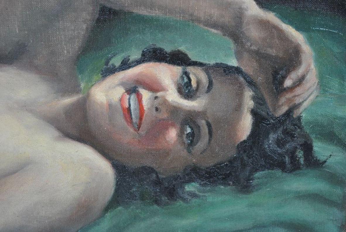Hand-Painted Olympia Signed Hilgers Painting 1930 Art Deco Nude For Sale