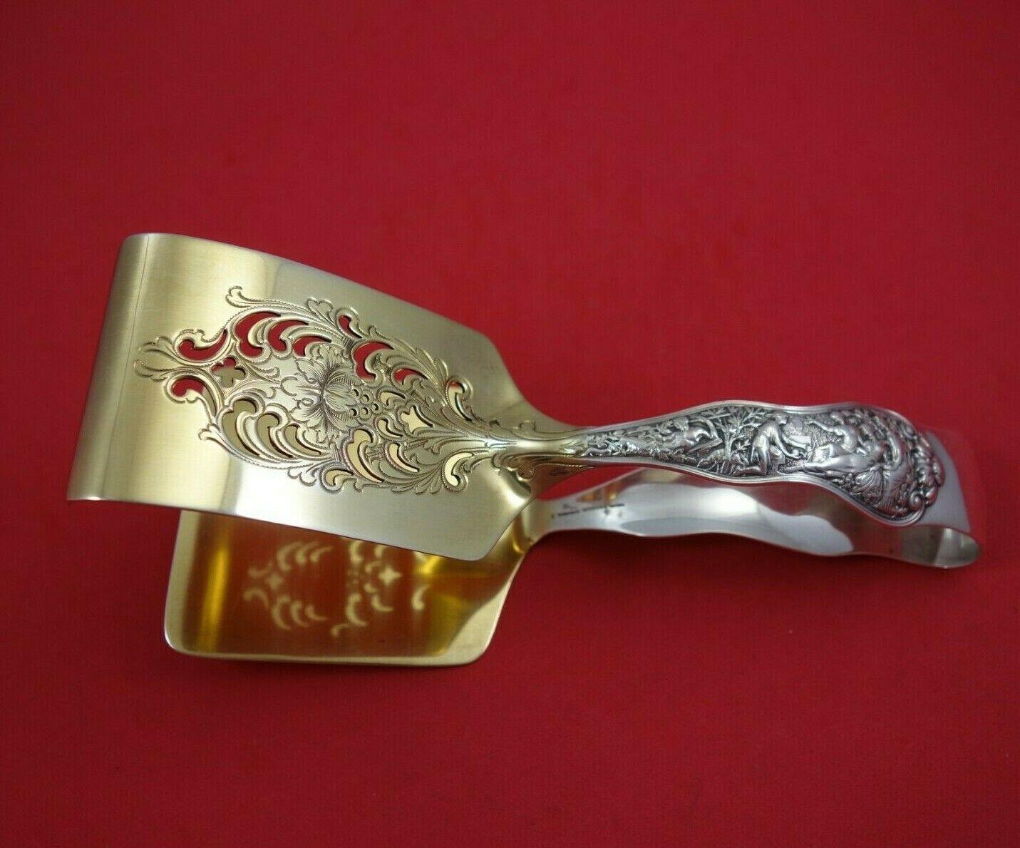 Sterling silver asparagus serving tong gold washed and bright-cut 7 1/2