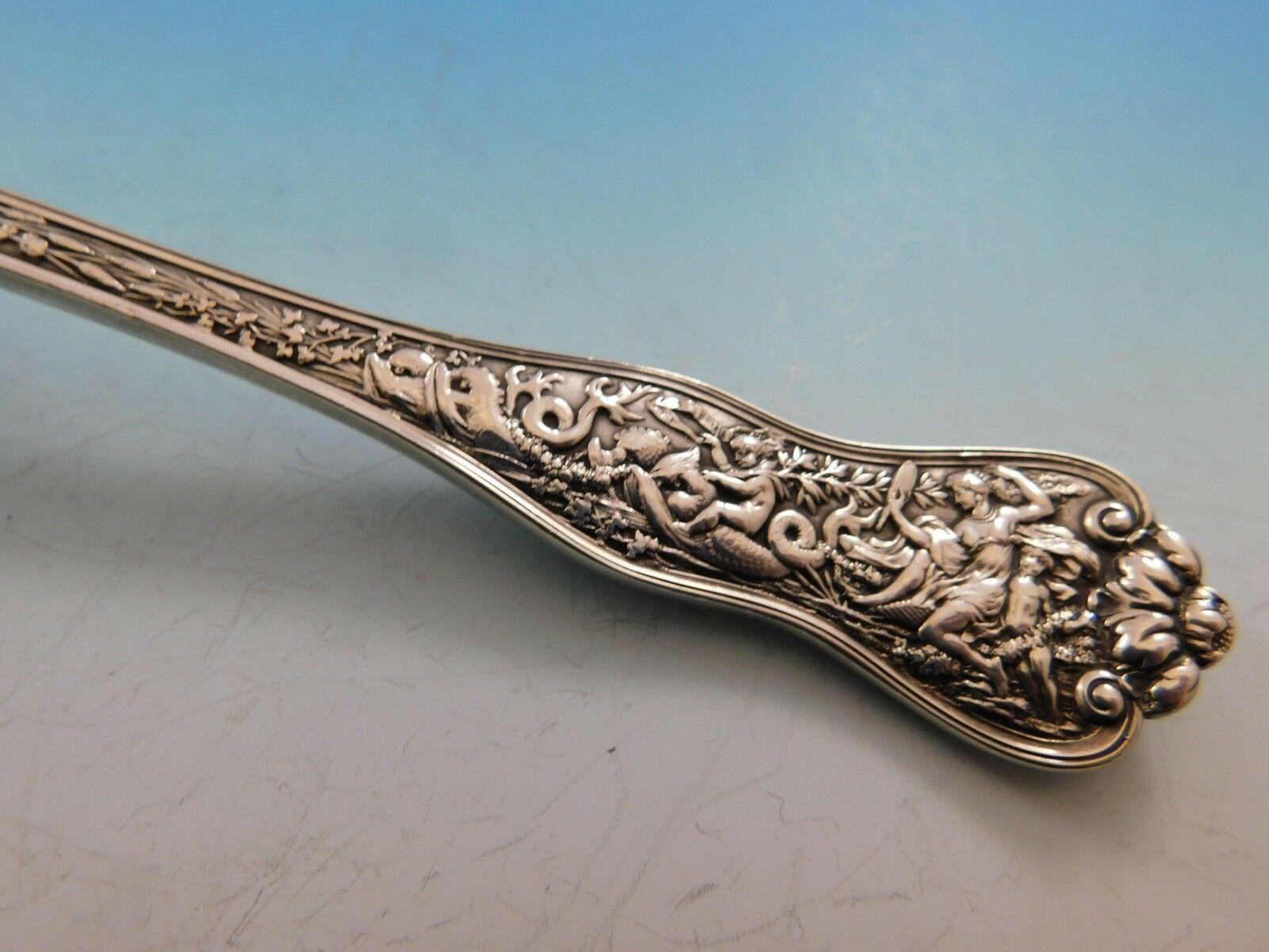 The Olympian pattern, which was introduced by Tiffany & Co. in 1878, is the most elaborate and complex of all Tiffany flatware designs. Each piece of Olympian is designed to illustrate a well-known story of Classical mythology. The subjects vary